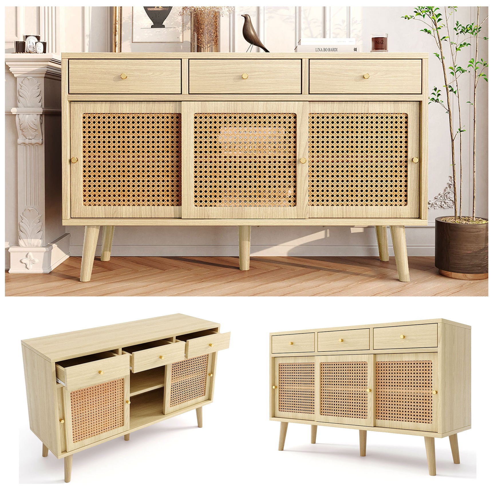 Retro-Sideboard aus Eichenholz mit 3 Schubladen, 3 Rattan-Schiebetüren und verstellbaren Regalen – 120 x 40 x 78 cm