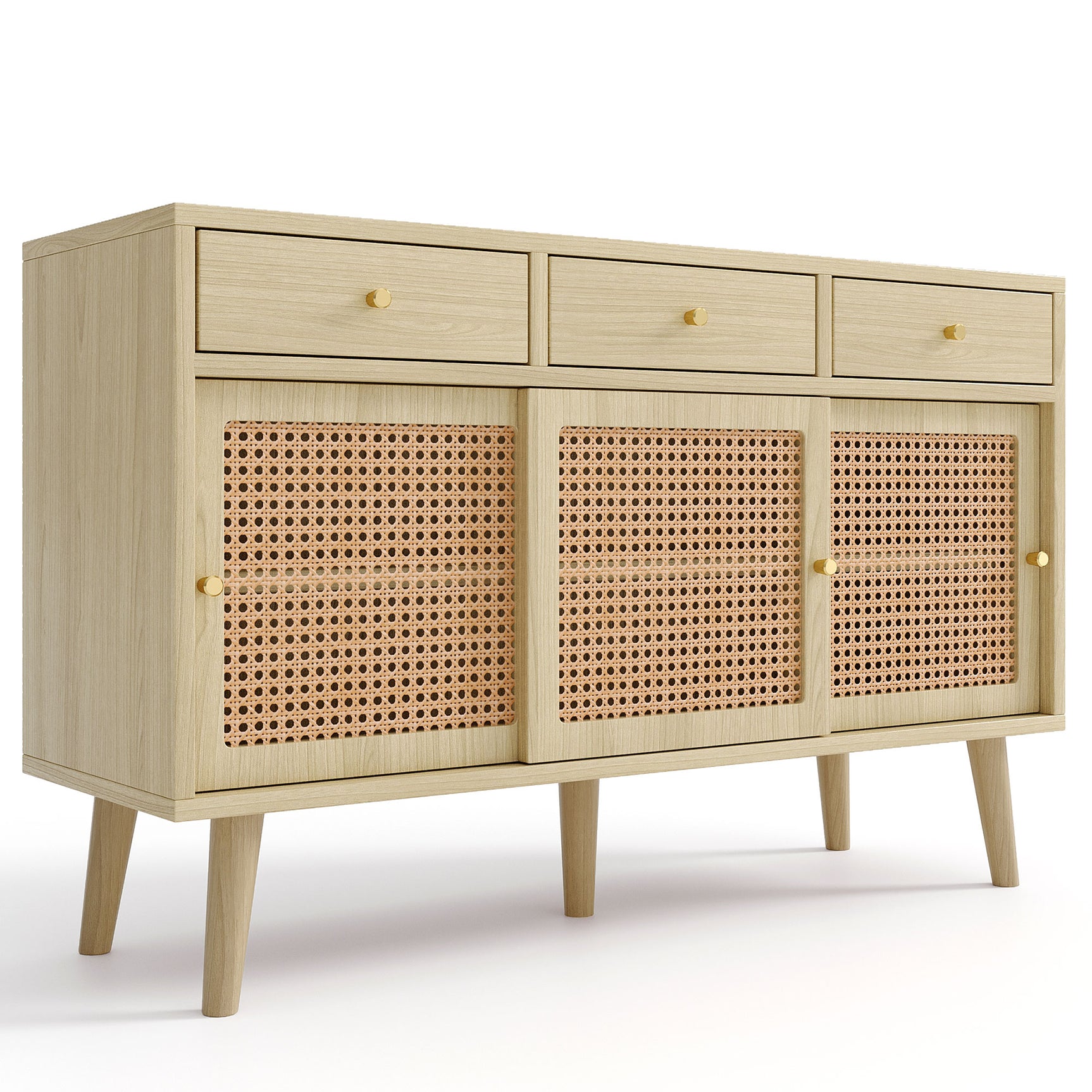 Retro-Sideboard aus Eichenholz mit 3 Schubladen, 3 Rattan-Schiebetüren und verstellbaren Regalen – 120 x 40 x 78 cm