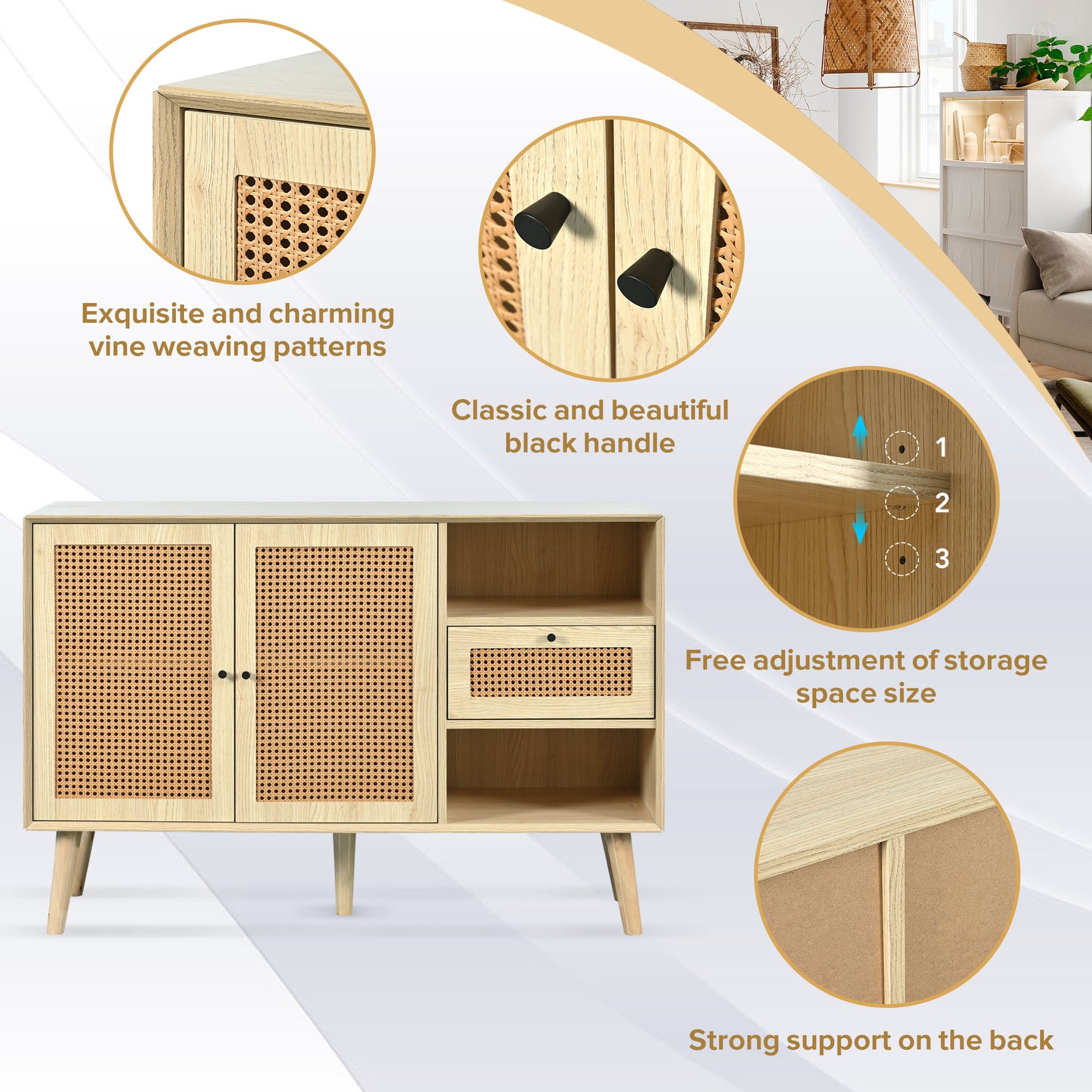Holzbuffet Eiche Finish mit 1 Schublade und 2 Rattan -Magnettüren, verstellbaren Regalen und festen Holzfüßen für elegante und praktische Lagerung. - 120x40x80 cm