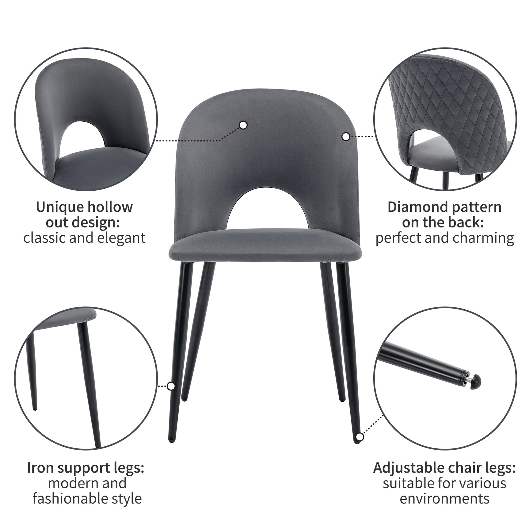 Lot de 2 chaises de salle à manger en velours gris avec dossier à motif diamant, pieds en métal réglables et assise rembourrée
