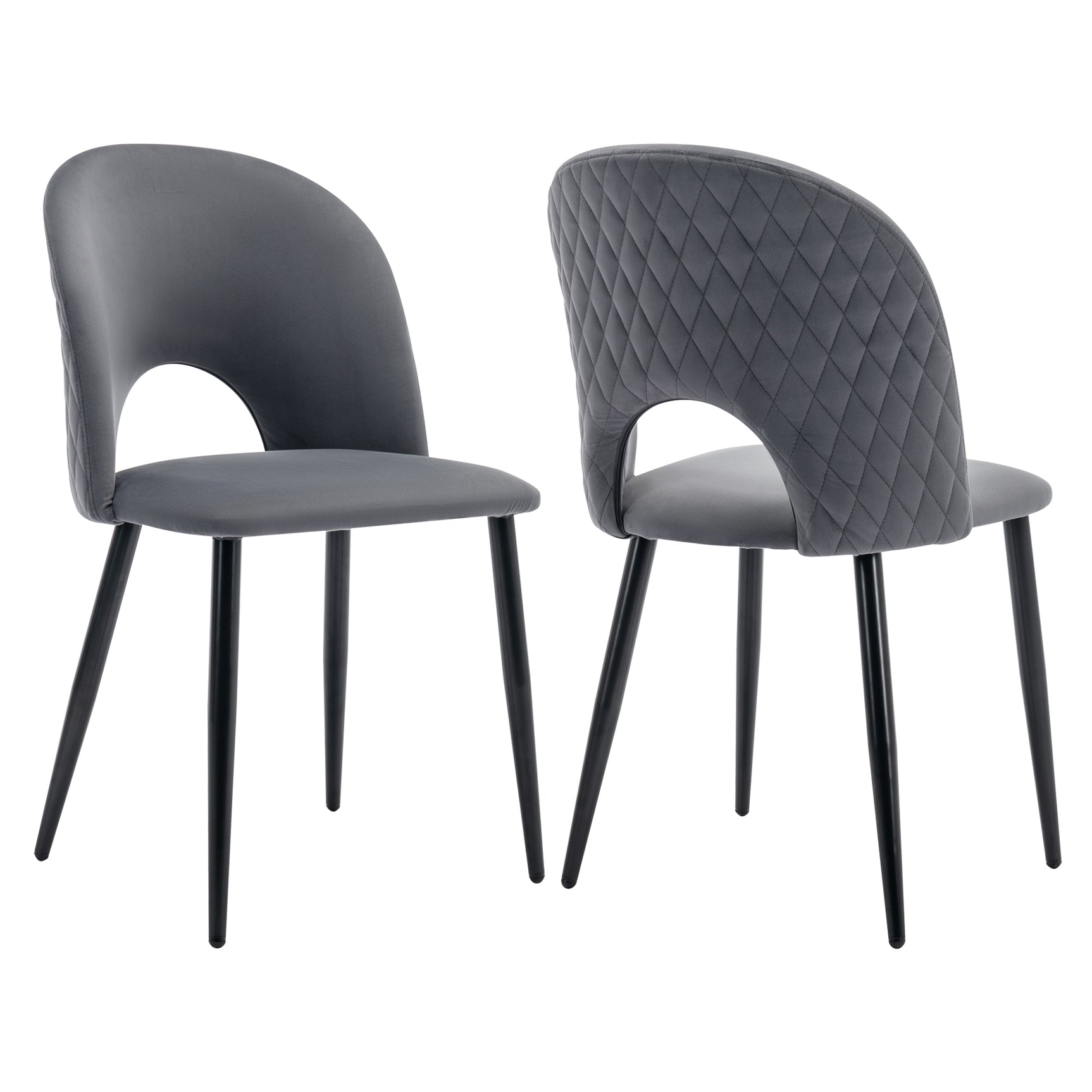 Lot de 2 chaises de salle à manger en velours gris avec dossier à motif diamant, pieds en métal réglables et assise rembourrée
