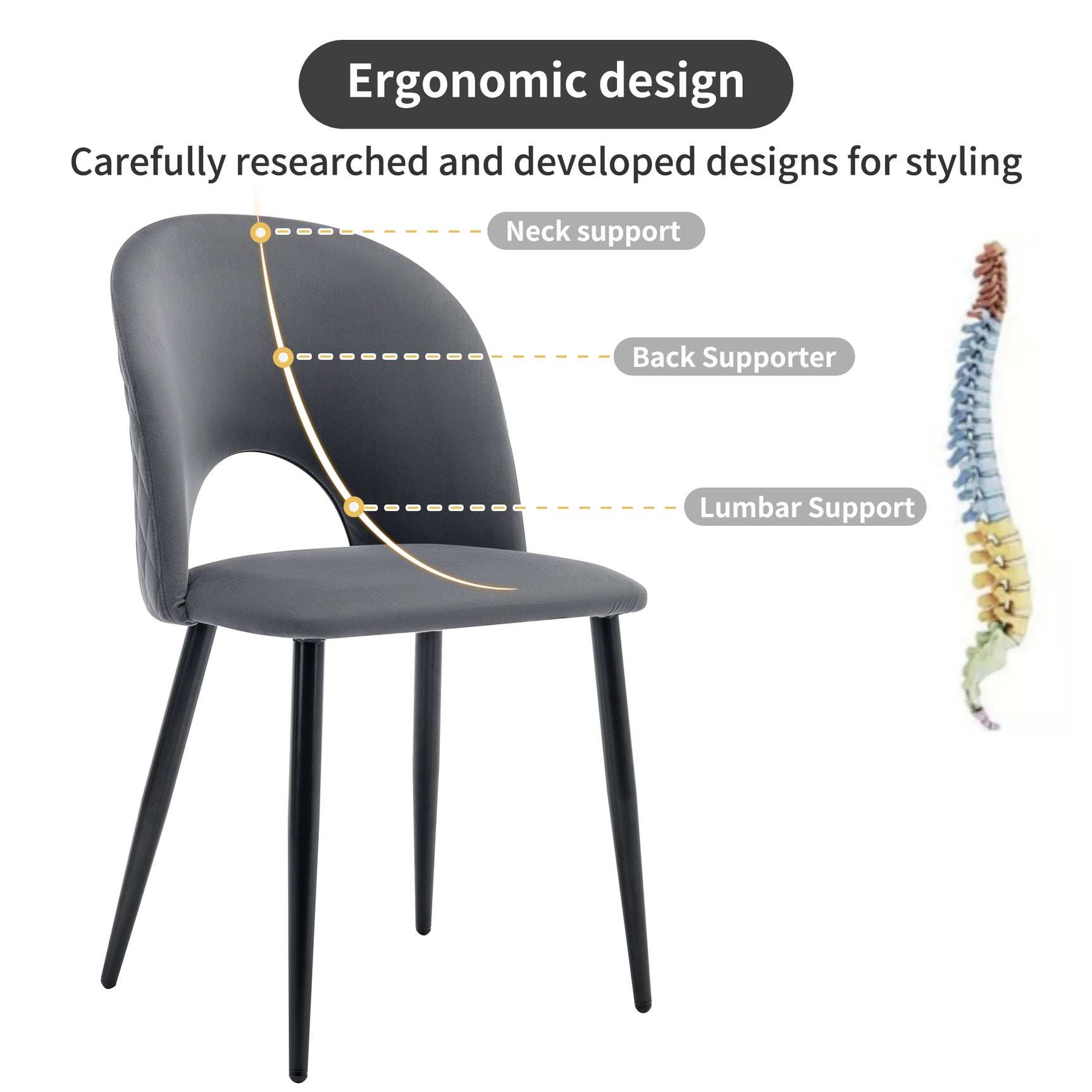 Lot de 2 chaises de salle à manger en velours gris avec dossier à motif diamant, pieds en métal réglables et assise rembourrée