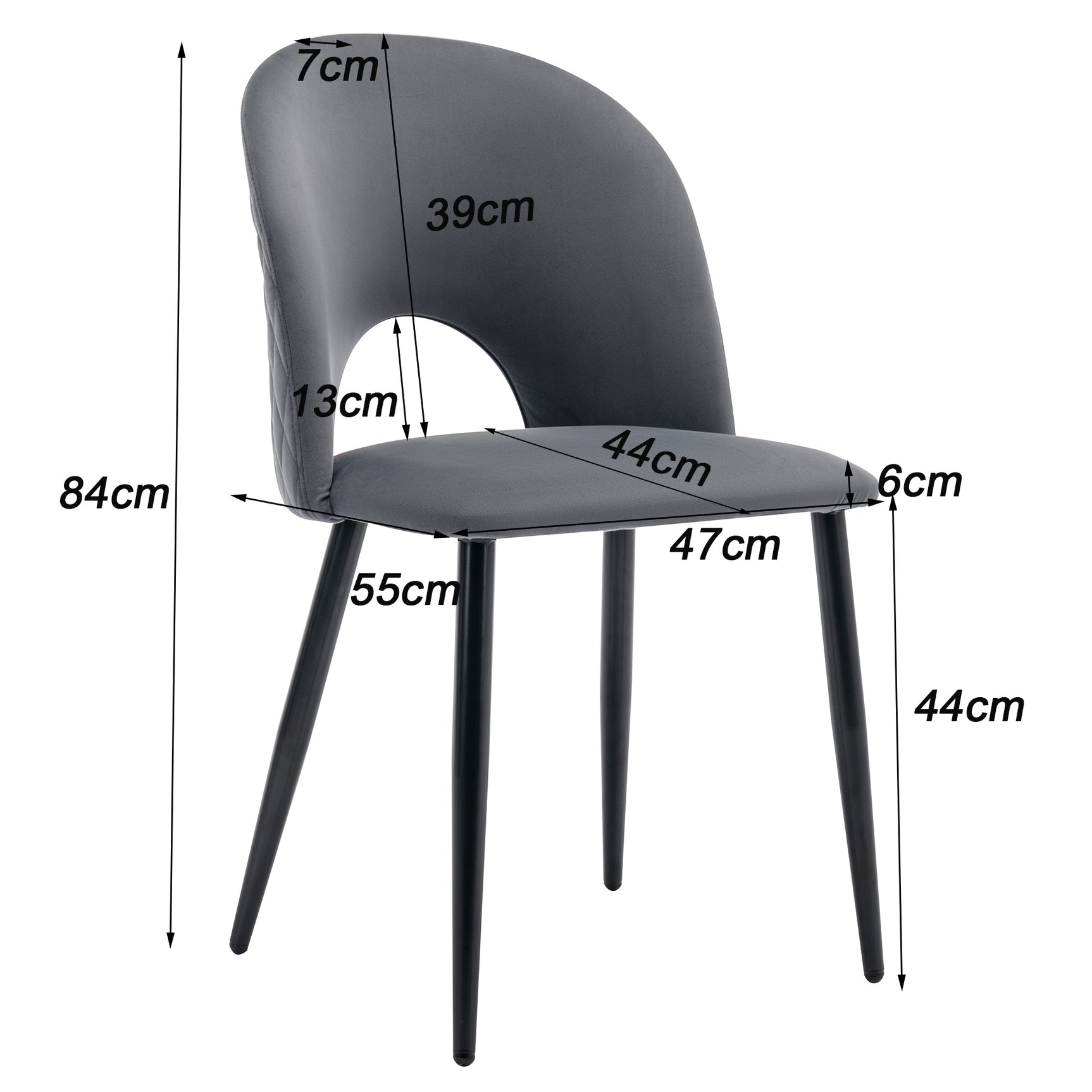 Lot de 2 chaises de salle à manger en velours gris avec dossier à motif diamant, pieds en métal réglables et assise rembourrée