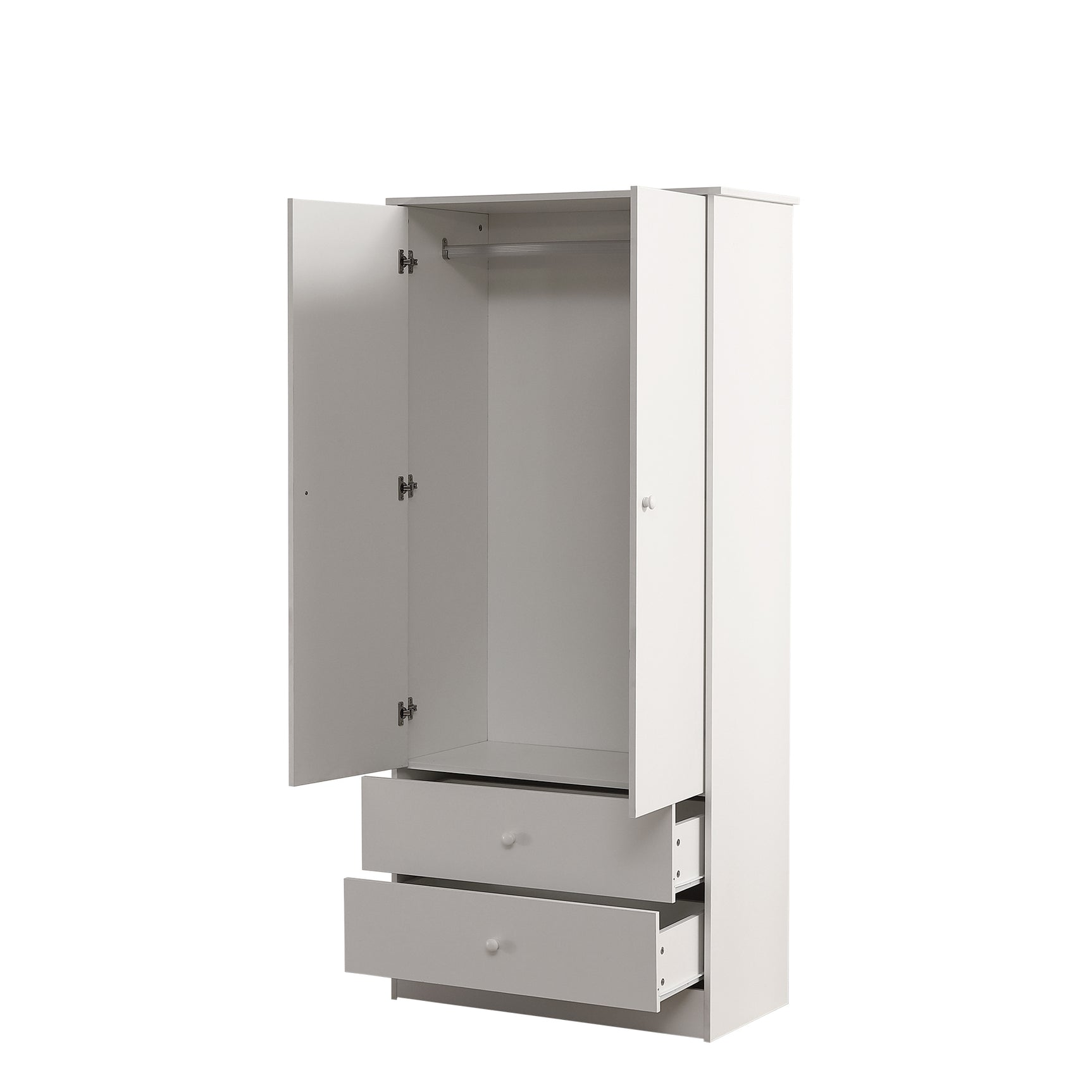 Armoire penderie blanche en panneaux de particules avec 2 portes, 2 tiroirs et tringle de rangement