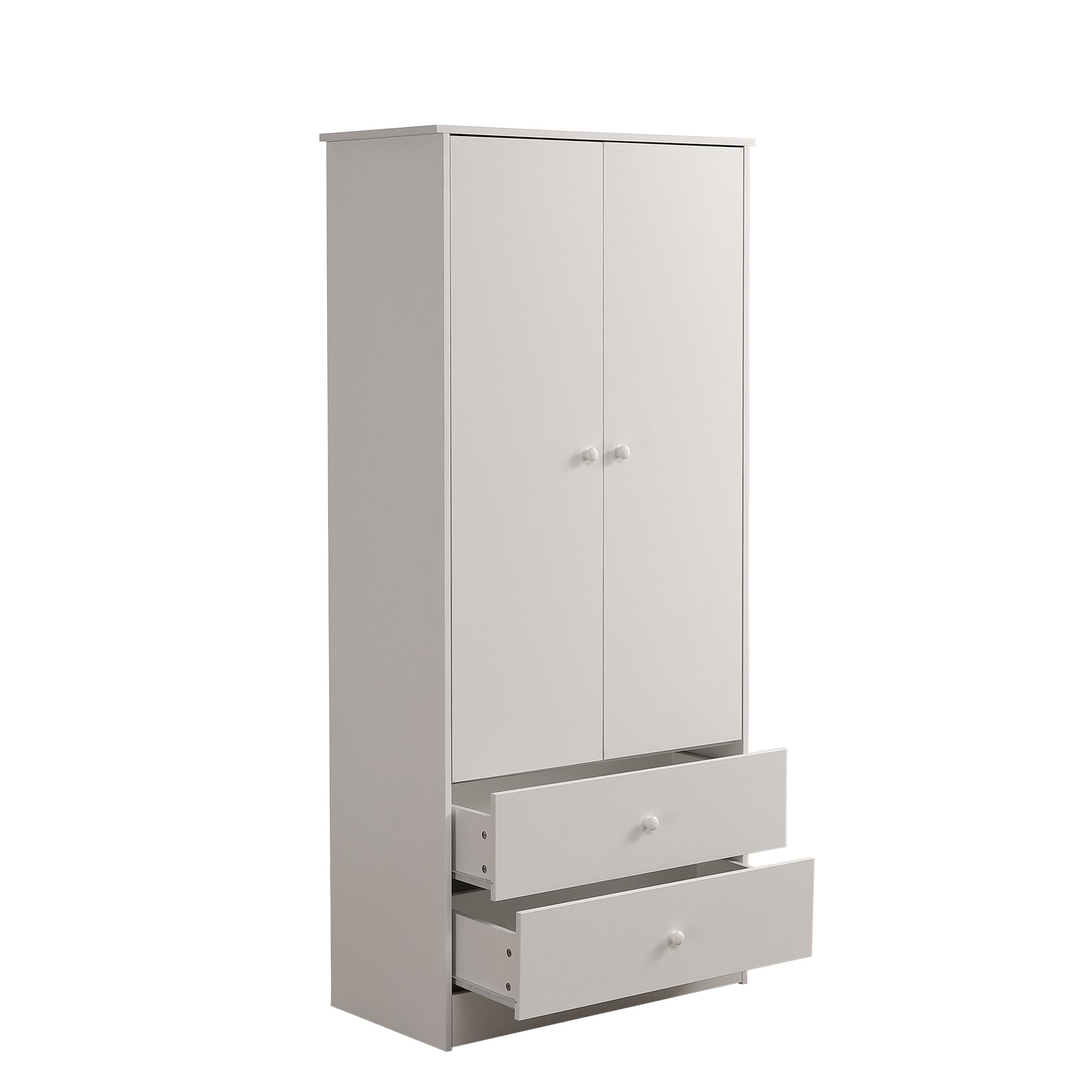 Armoire penderie blanche en panneaux de particules avec 2 portes, 2 tiroirs et tringle de rangement