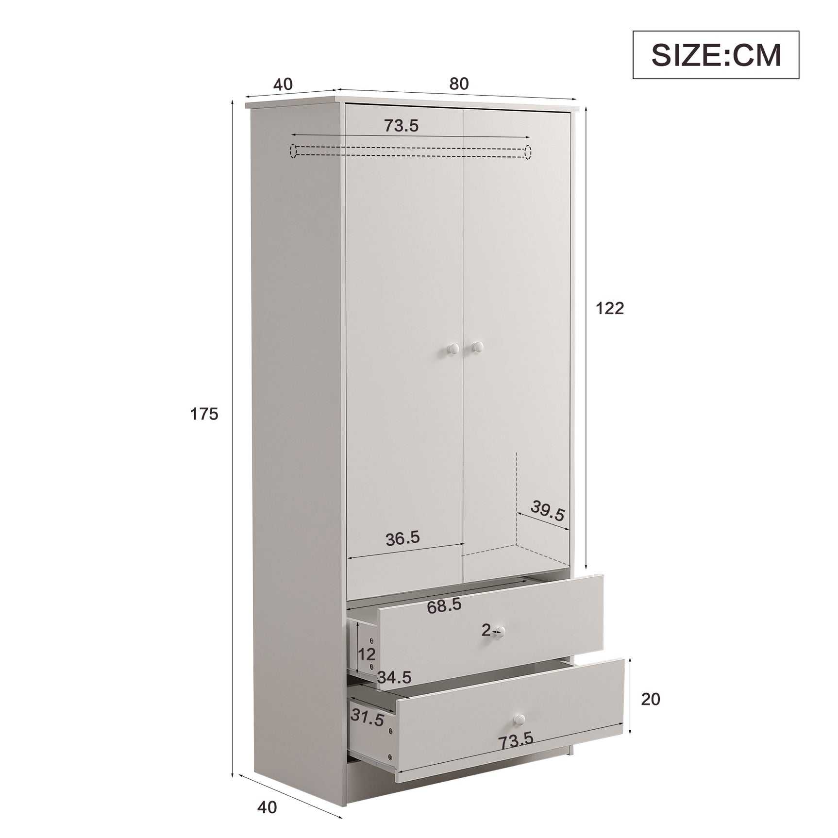 Armoire penderie blanche en panneaux de particules avec 2 portes, 2 tiroirs et tringle de rangement