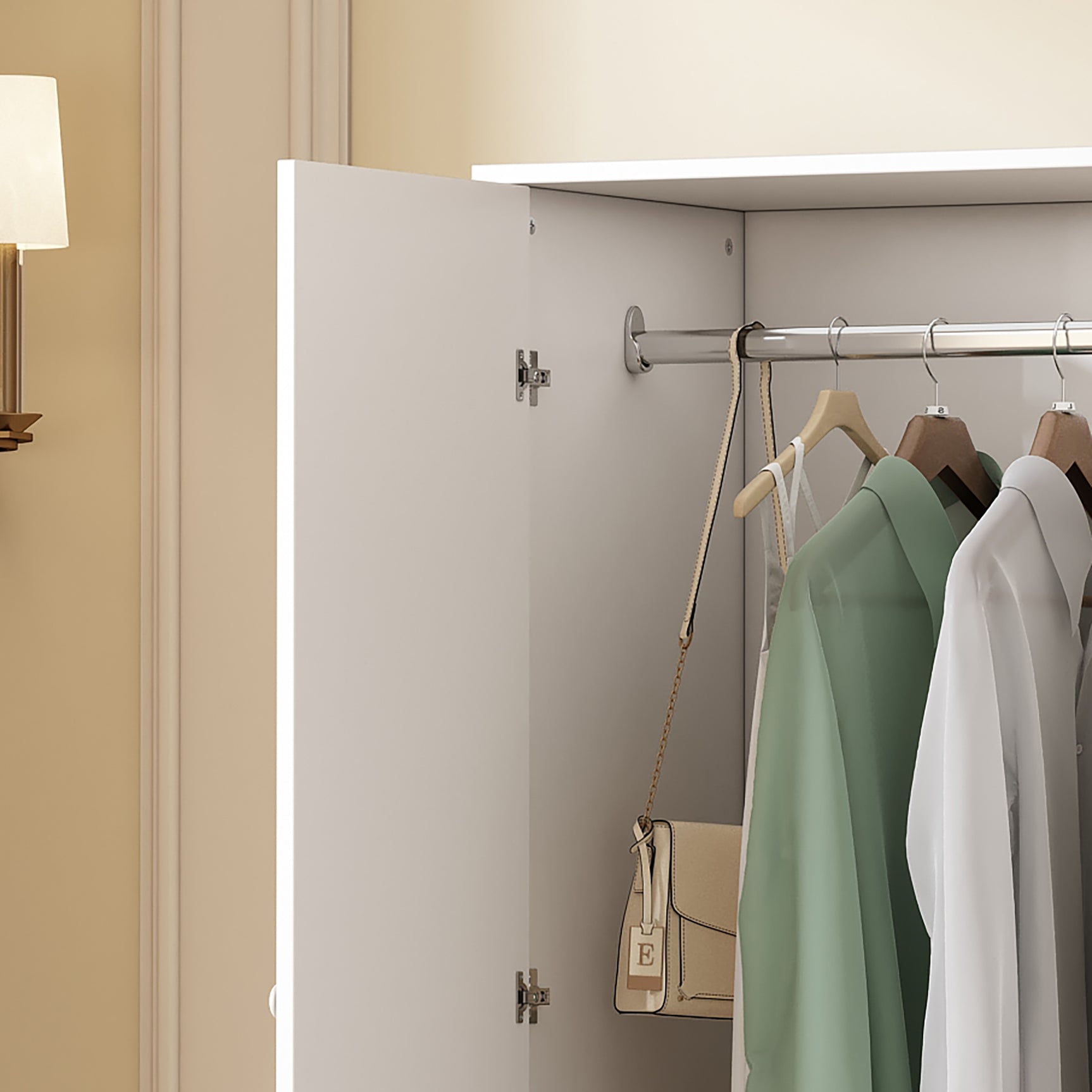 Armoire penderie blanche en panneaux de particules avec 2 portes, 2 tiroirs et tringle de rangement