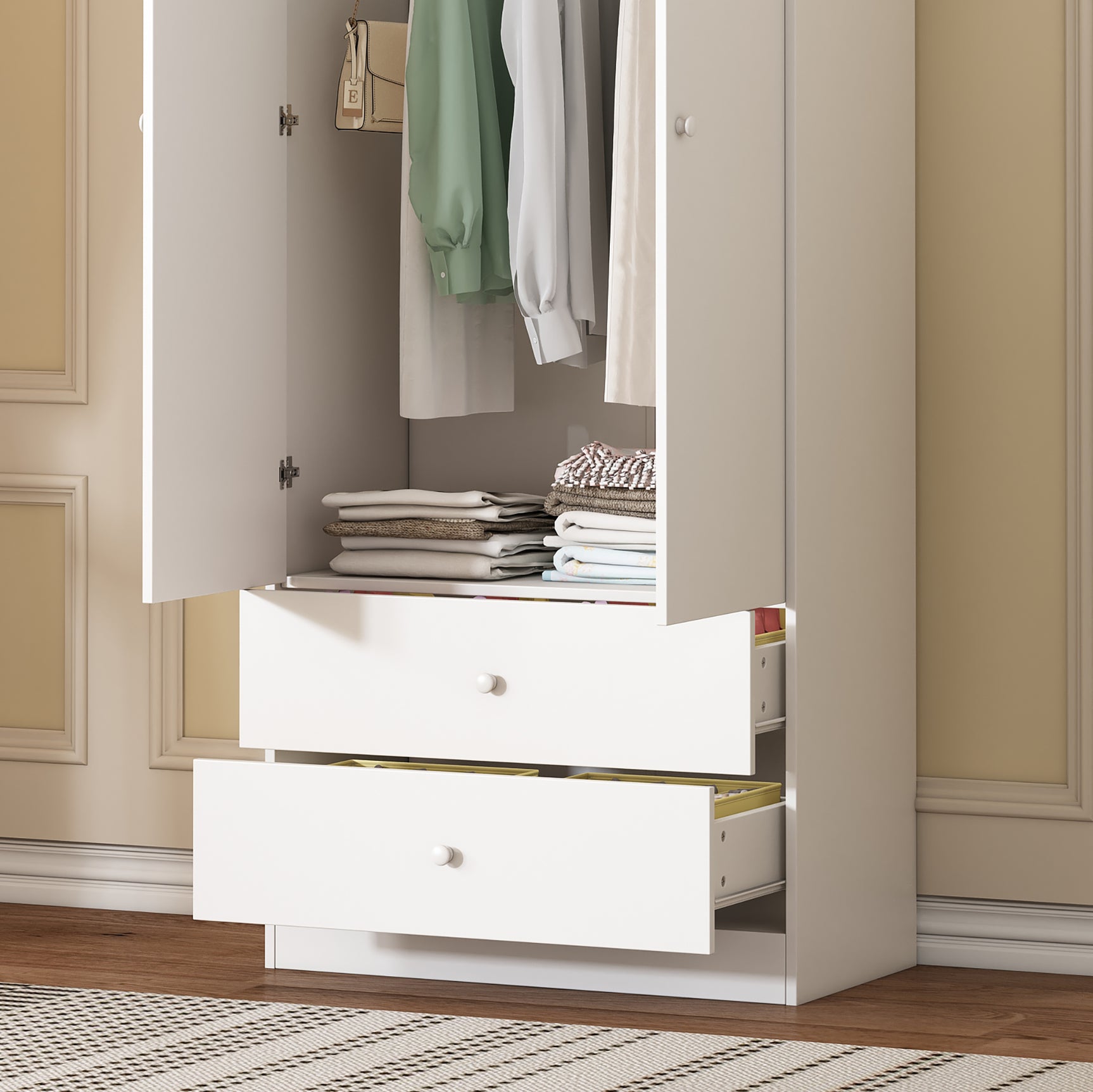 Armoire penderie blanche en panneaux de particules avec 2 portes, 2 tiroirs et tringle de rangement
