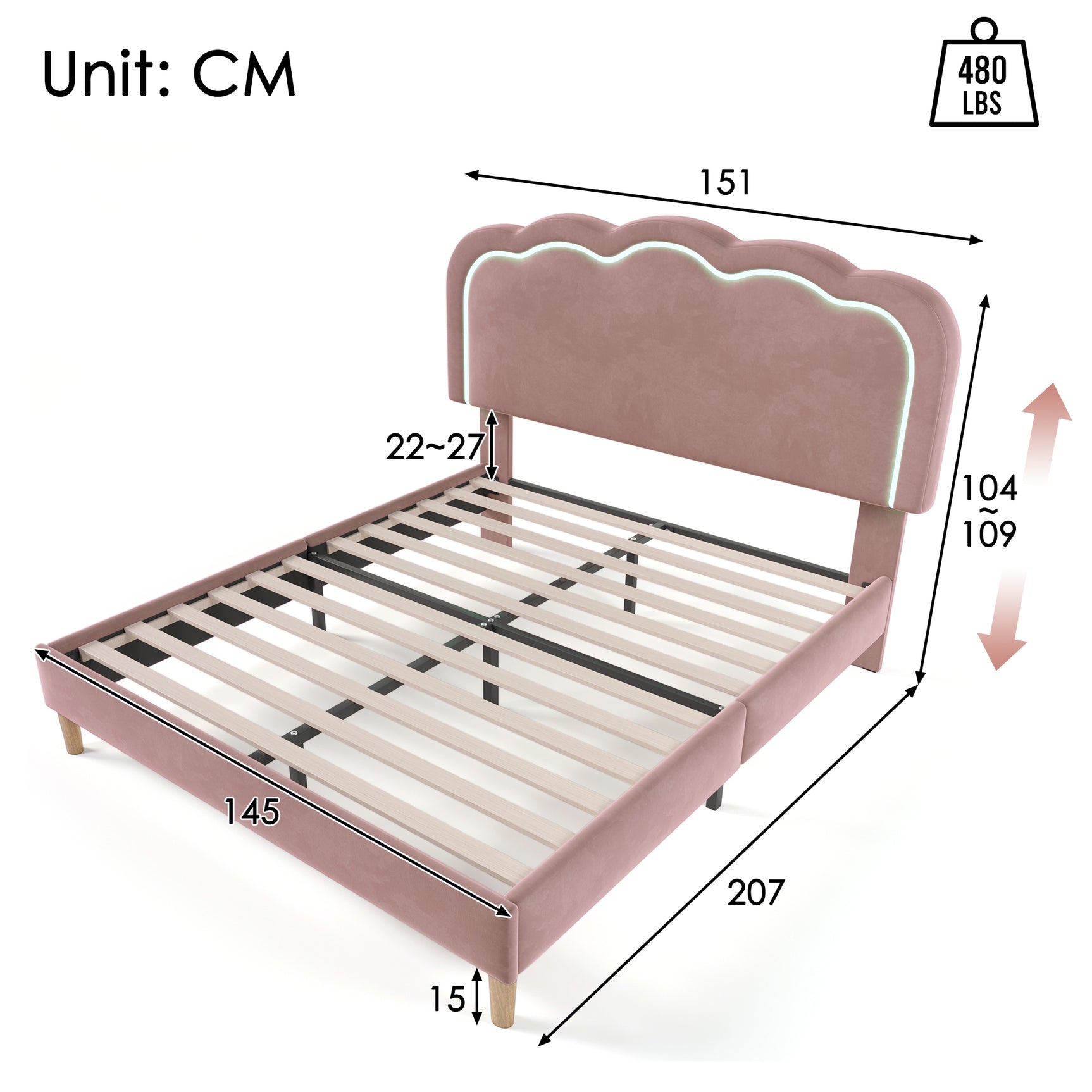 Lit double rembourré LED 140×200 cm en velours rose avec tête de lit réglable et sommier à lattes (sans matelas)