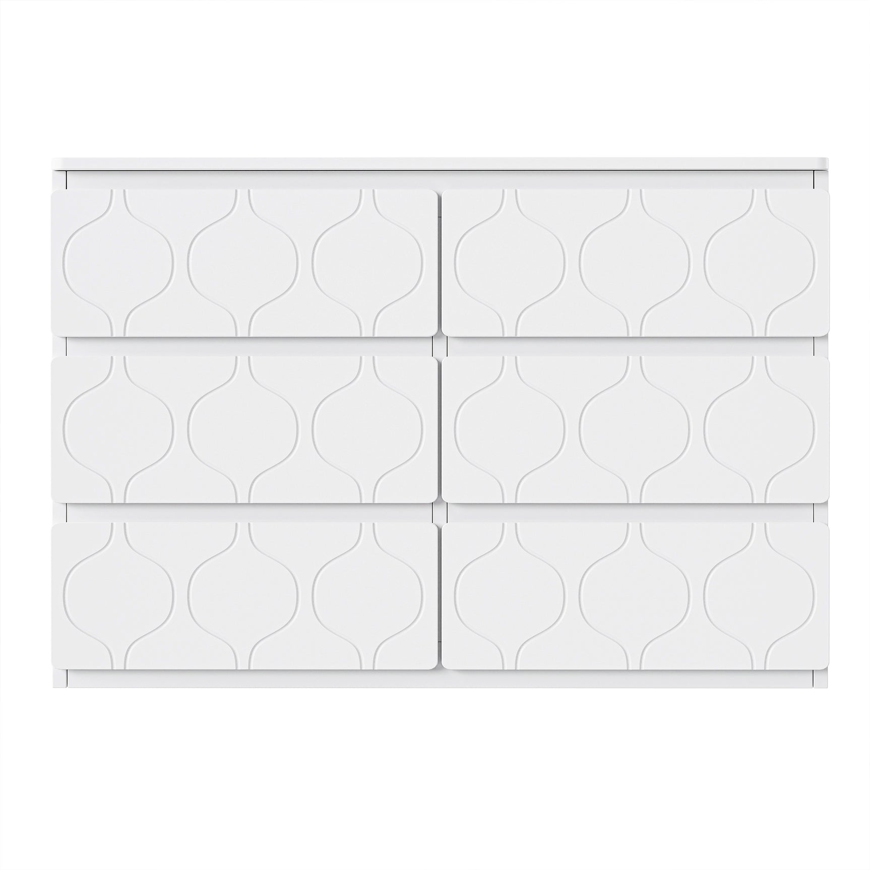 Commode blanche avec 6 tiroirs au design ondulé, finition laquée élégante et coins renforcés