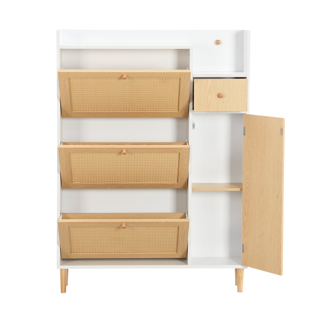 Meuble à chaussures en bois et rotin 90x17x125 cm avec 3 portes basculantes, 1 tiroir et pieds en bois massif, idéal pour entrée étroite et petits espaces
