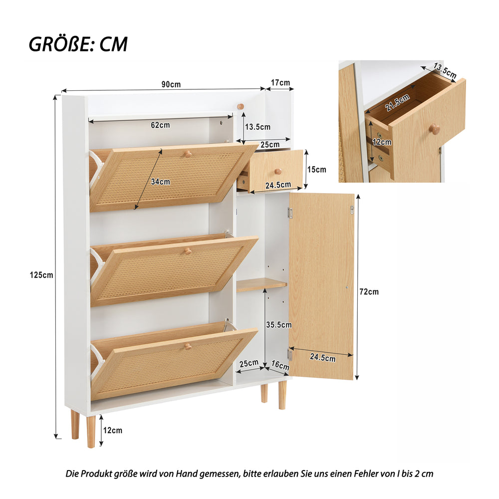 Meuble à chaussures en bois et rotin 90x17x125 cm avec 3 portes basculantes, 1 tiroir et pieds en bois massif, idéal pour entrée étroite et petits espaces