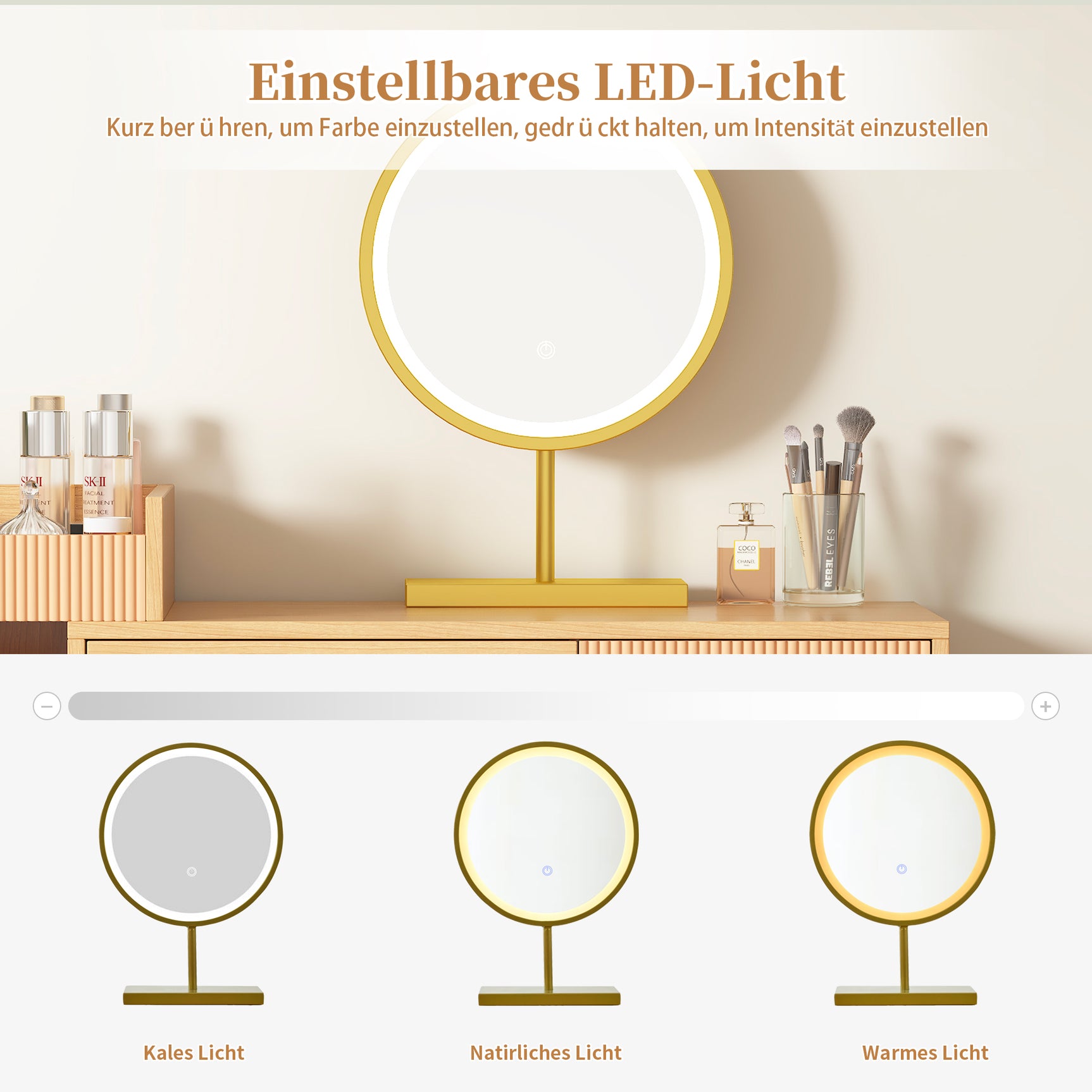Moderner Friseur mit 3 -LED -LED -Spiegel, großer Stauraum und Seitenglasschrank, 120 x 40 x 90 cm