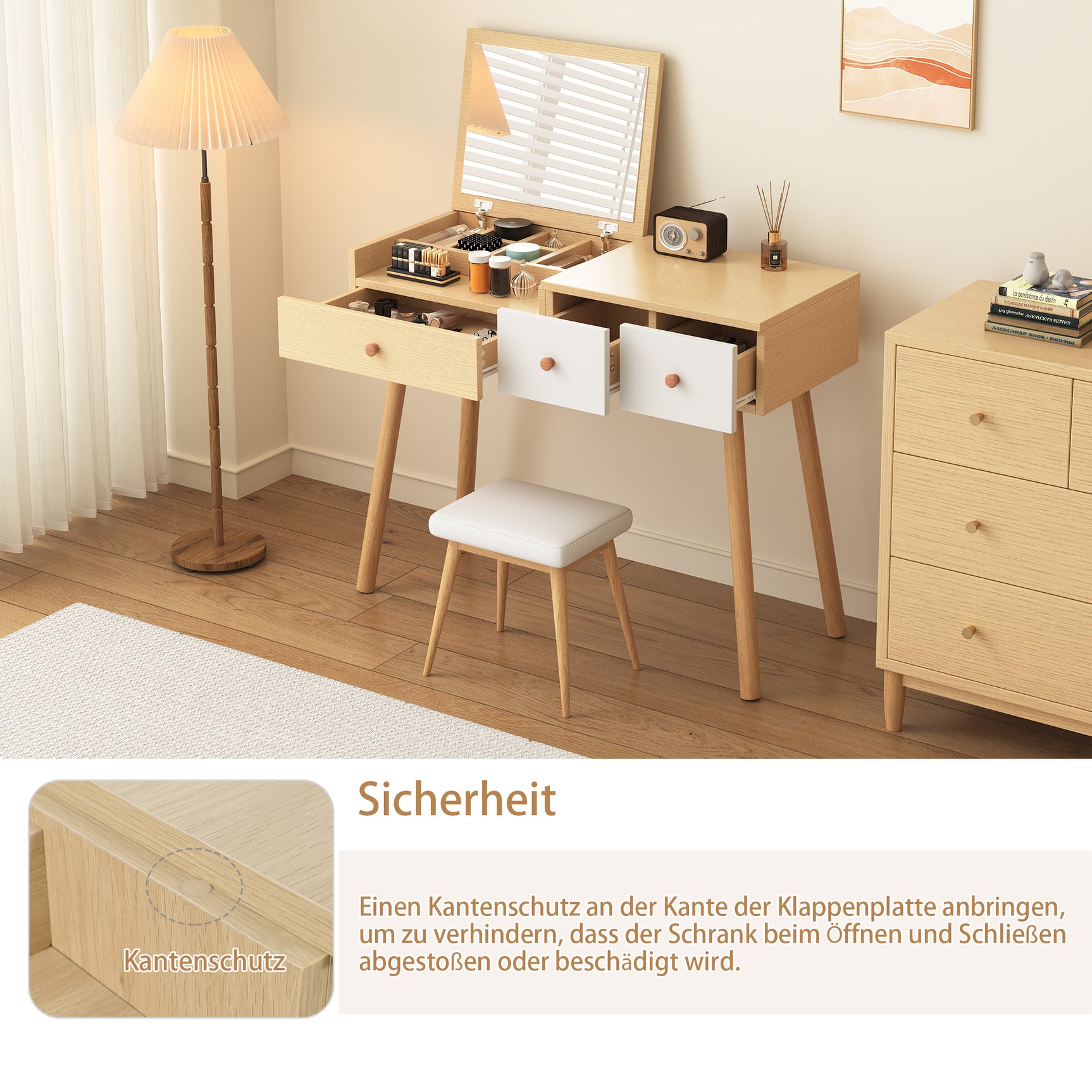 Coiffeuse en bois avec miroir rabattable, 3 tiroirs de rangement et design naturel blanc – 100x40x78 cm
