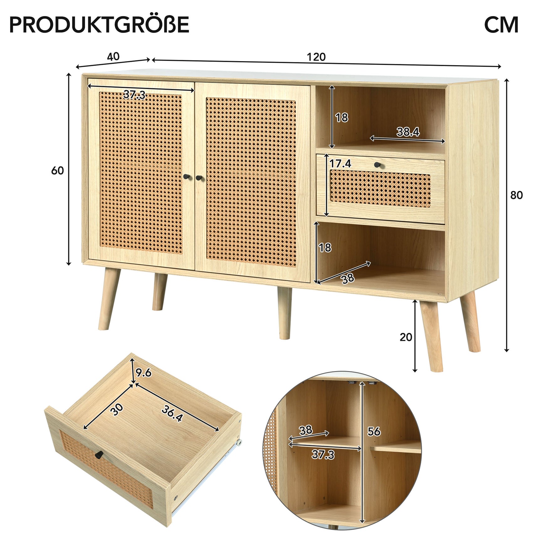 Holzbuffet Eiche Finish mit 1 Schublade und 2 Rattan -Magnettüren, verstellbaren Regalen und festen Holzfüßen für elegante und praktische Lagerung. - 120x40x80 cm