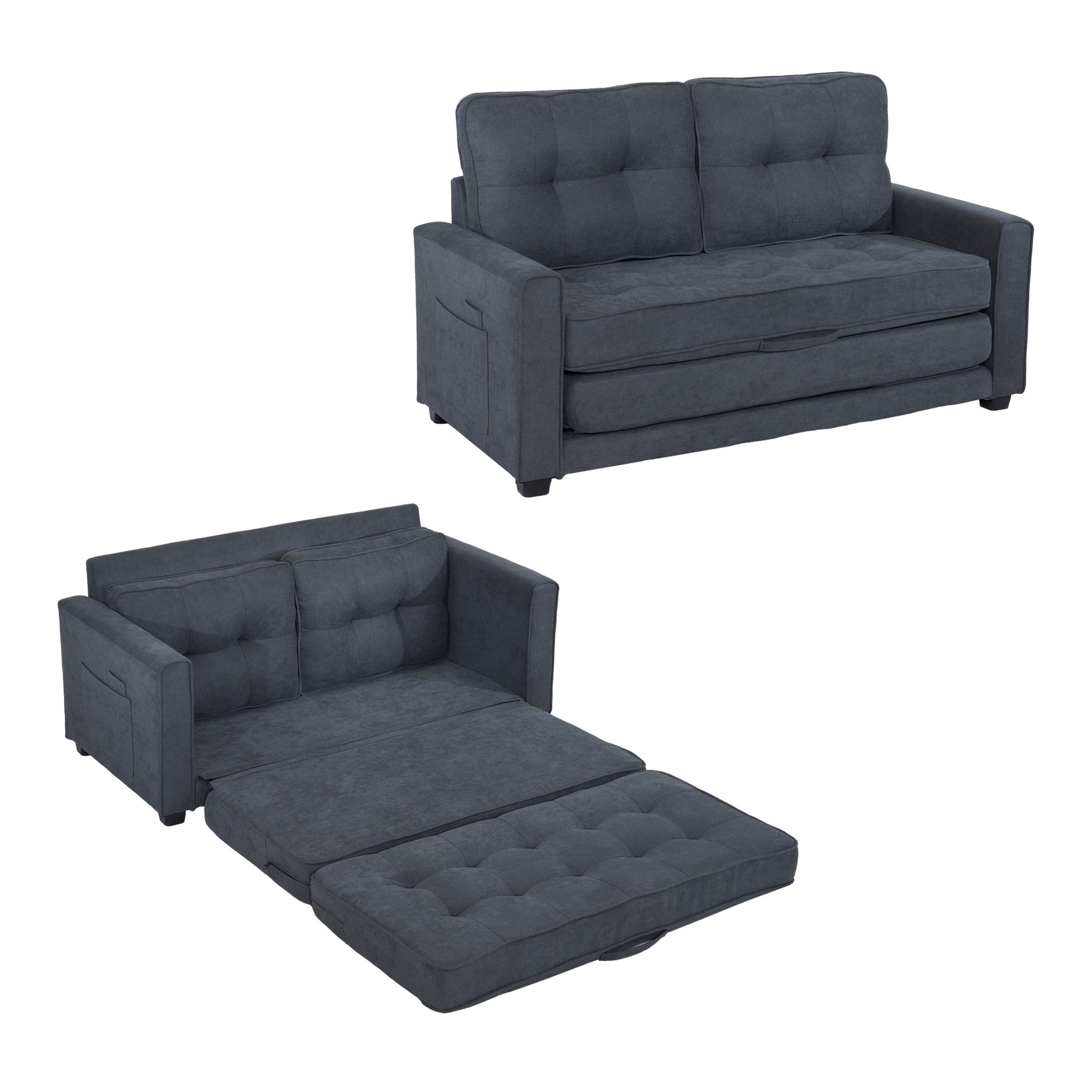 2-seater sofa bed in dark gray fabric with side pockets, modern convertible sofa