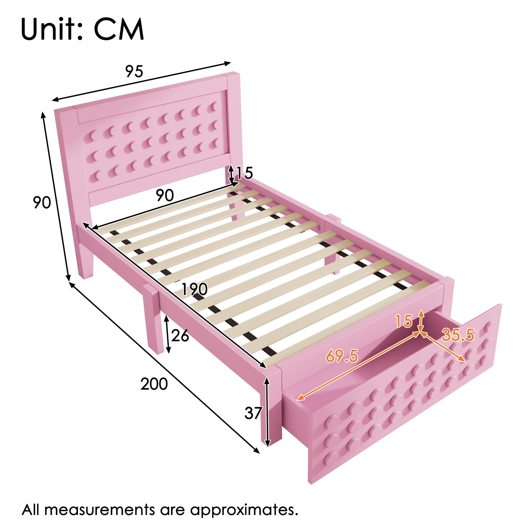 Lit enfant rose 90x190 cm avec tiroir de rangement et design créatif en blocs, cadre en bois massif