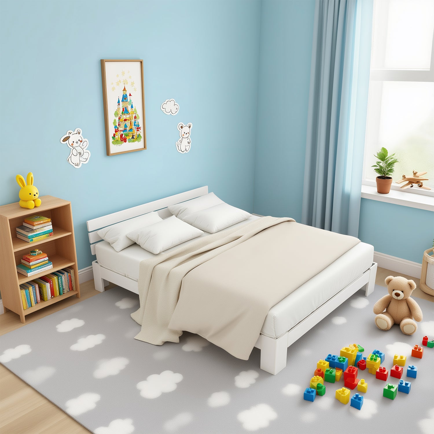 Lit double 140x200 cm en bois massif de pin blanc avec sommier à lattes et tête de lit, design rustique et compact (sans matelas)