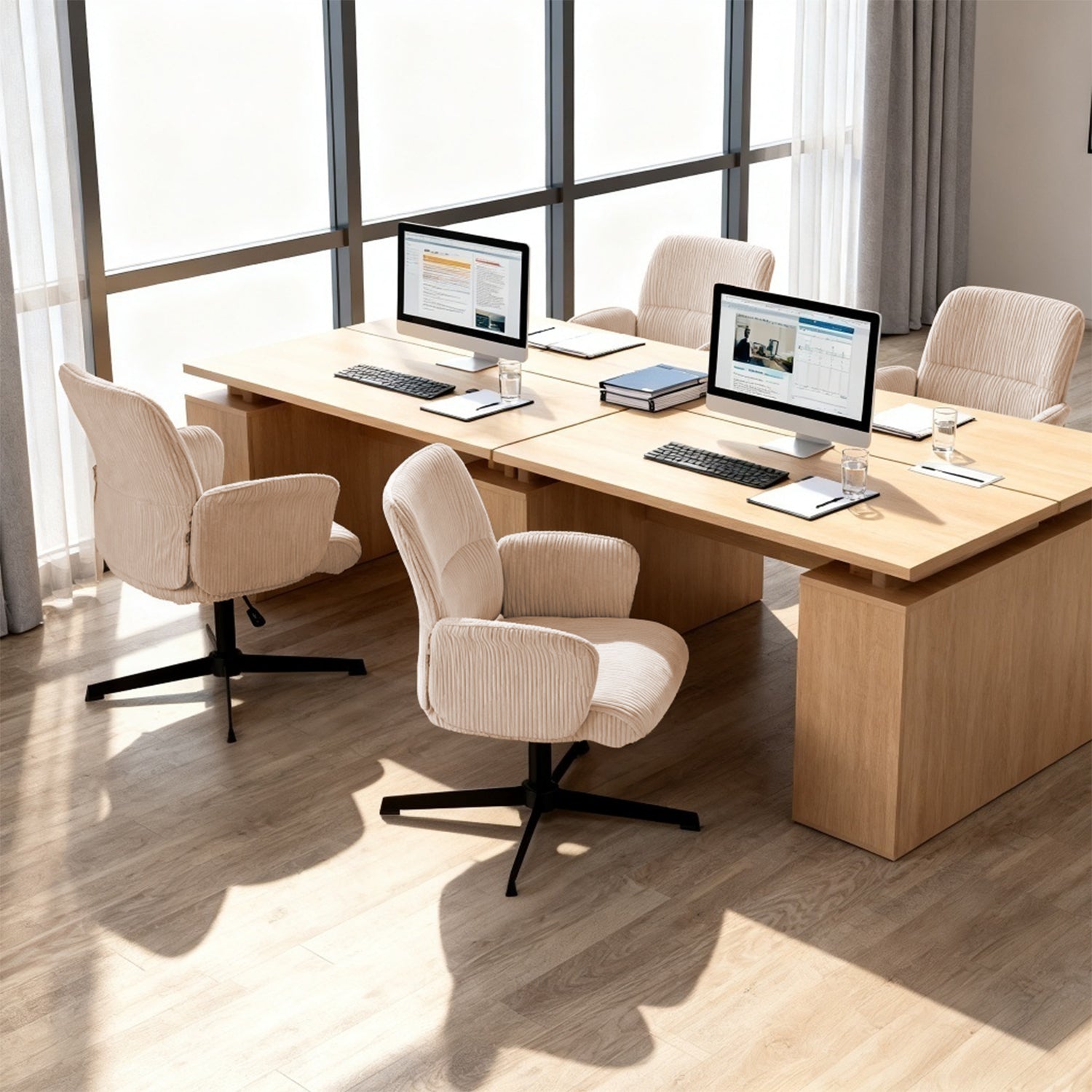 Fauteuil de bureau ergonomique pivotant et réglable avec accoudoirs en velours côtelé beige - THOMASINA