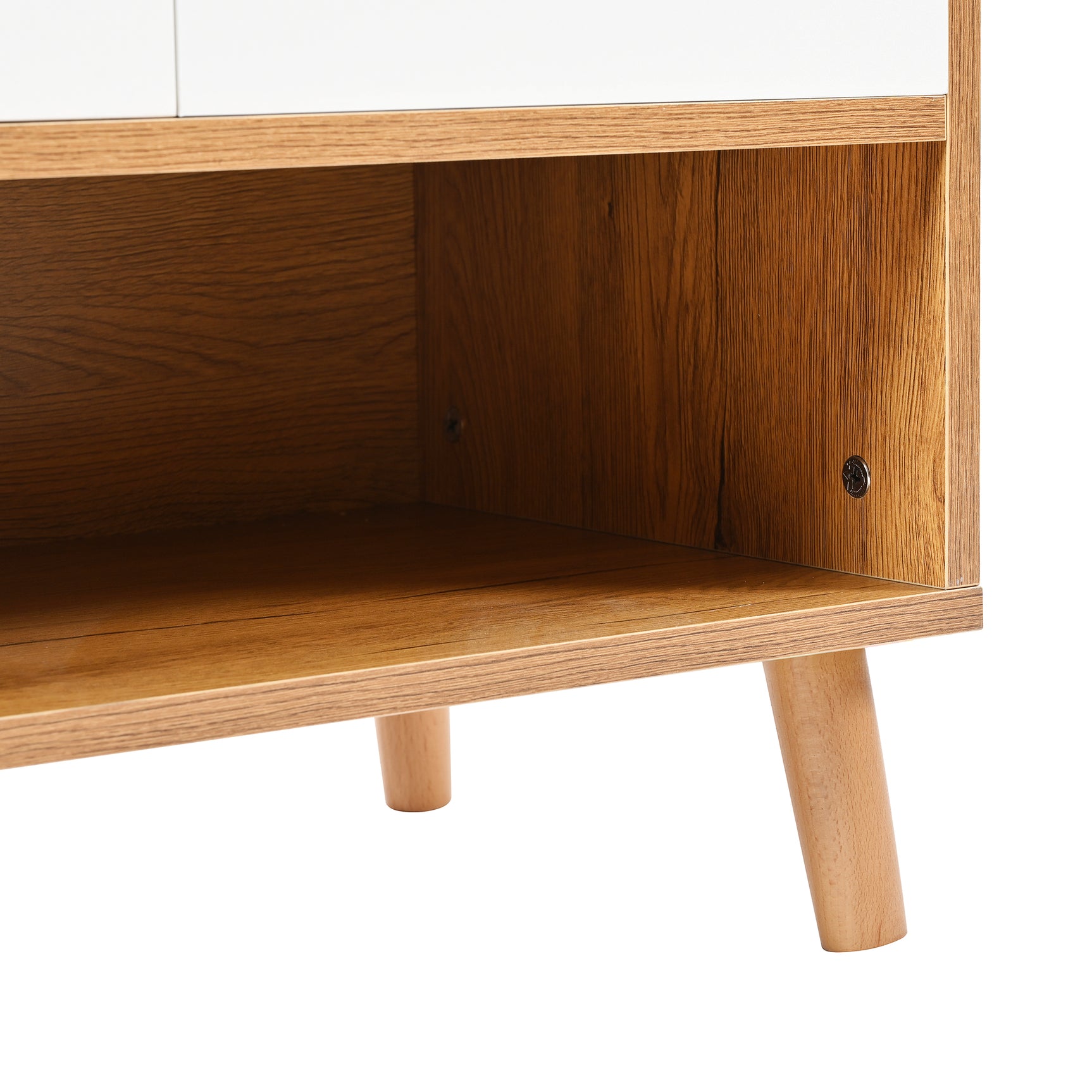 Commode / buffet / meuble à chaussures blanc et bois 90x35x99 cm avec étagères réglables et pieds en bois massif