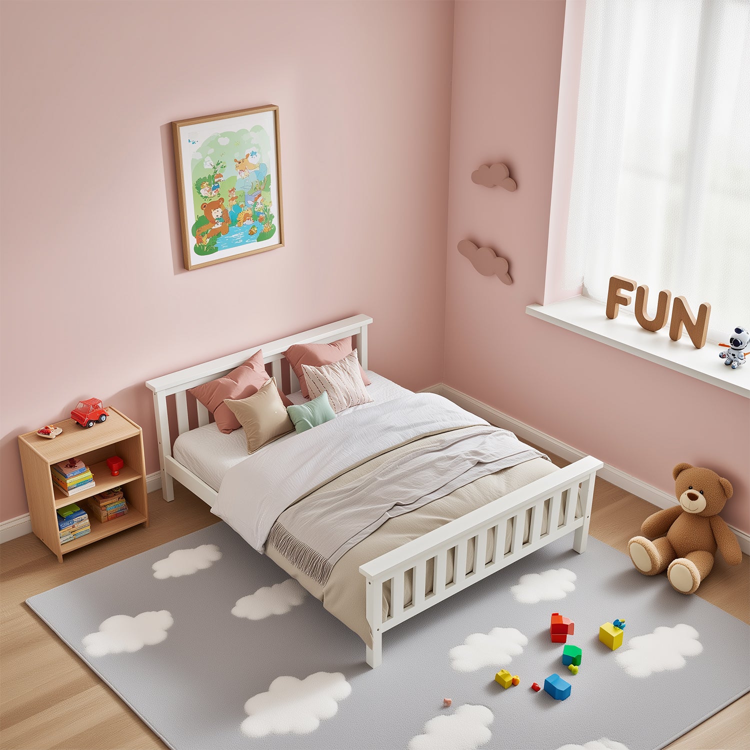 Lit double 140x200 cm en bois massif de pin blanc avec sommier à lattes – Design robuste et élégant pour adultes et enfants (sans matelas)
