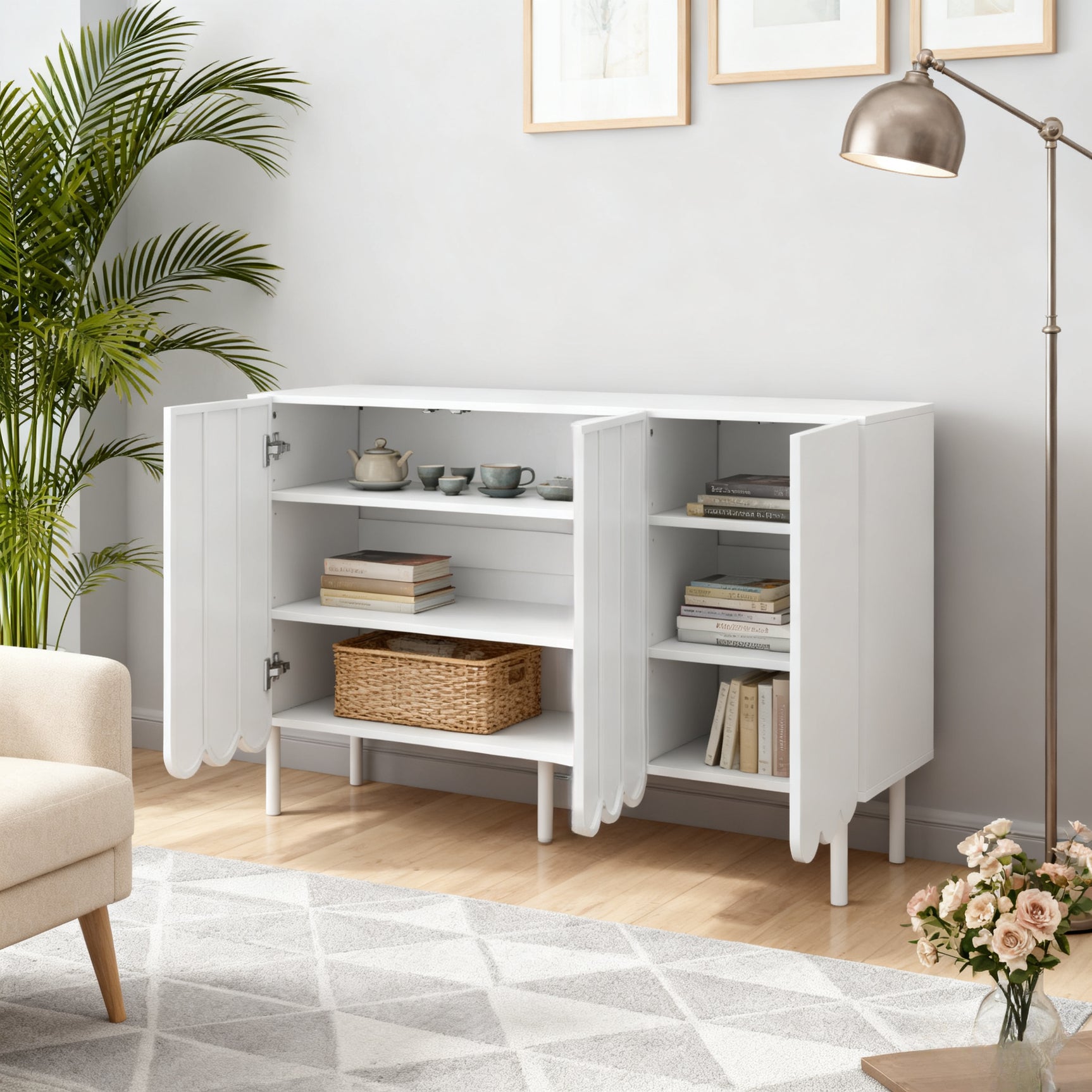 Modernes Weiß- und Holzbuffet mit 3 Schubladen und Schiebetüren mit Lamellen