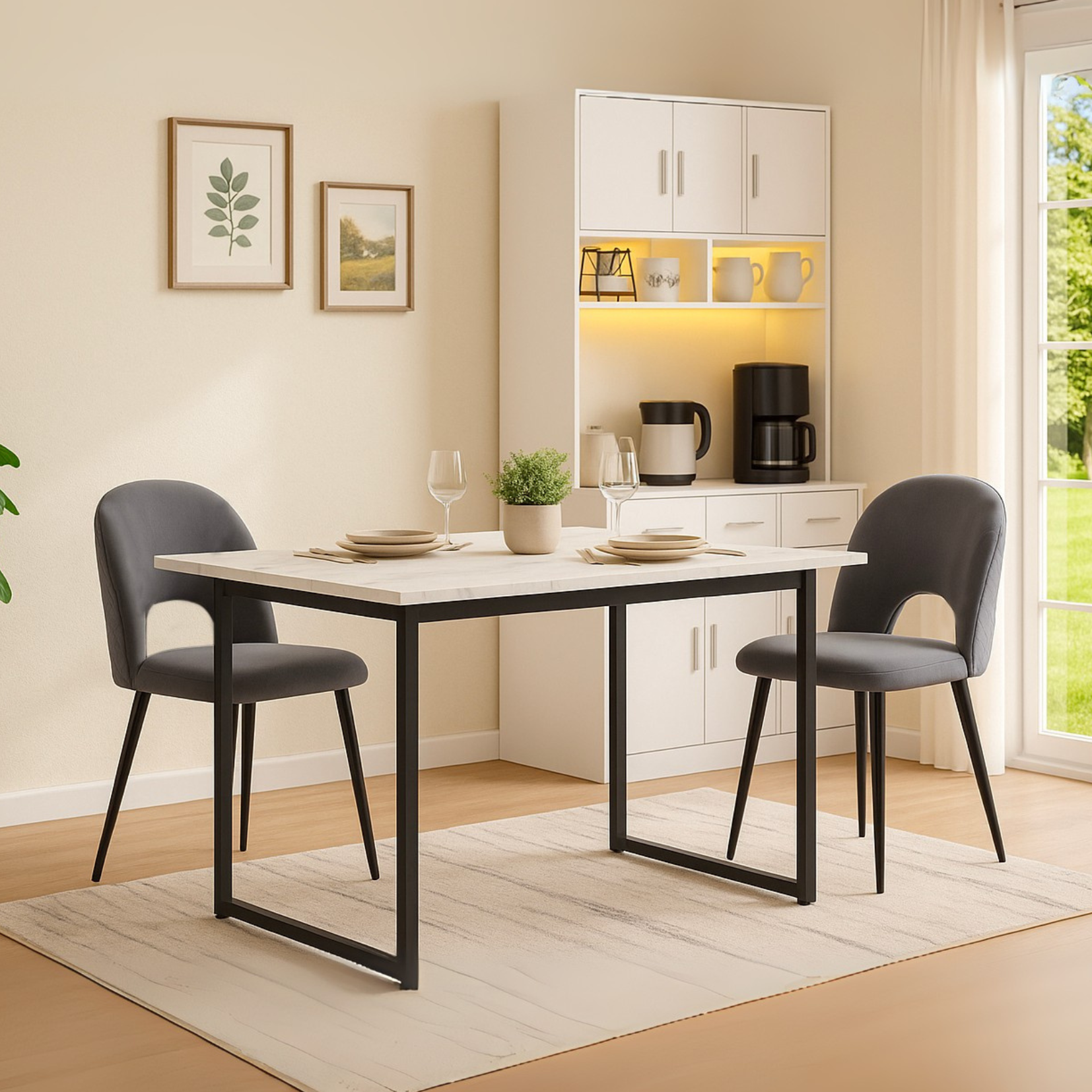 Extensible dining table 140/180x80x75 cm with MDF tray white marble effect and black metal feet