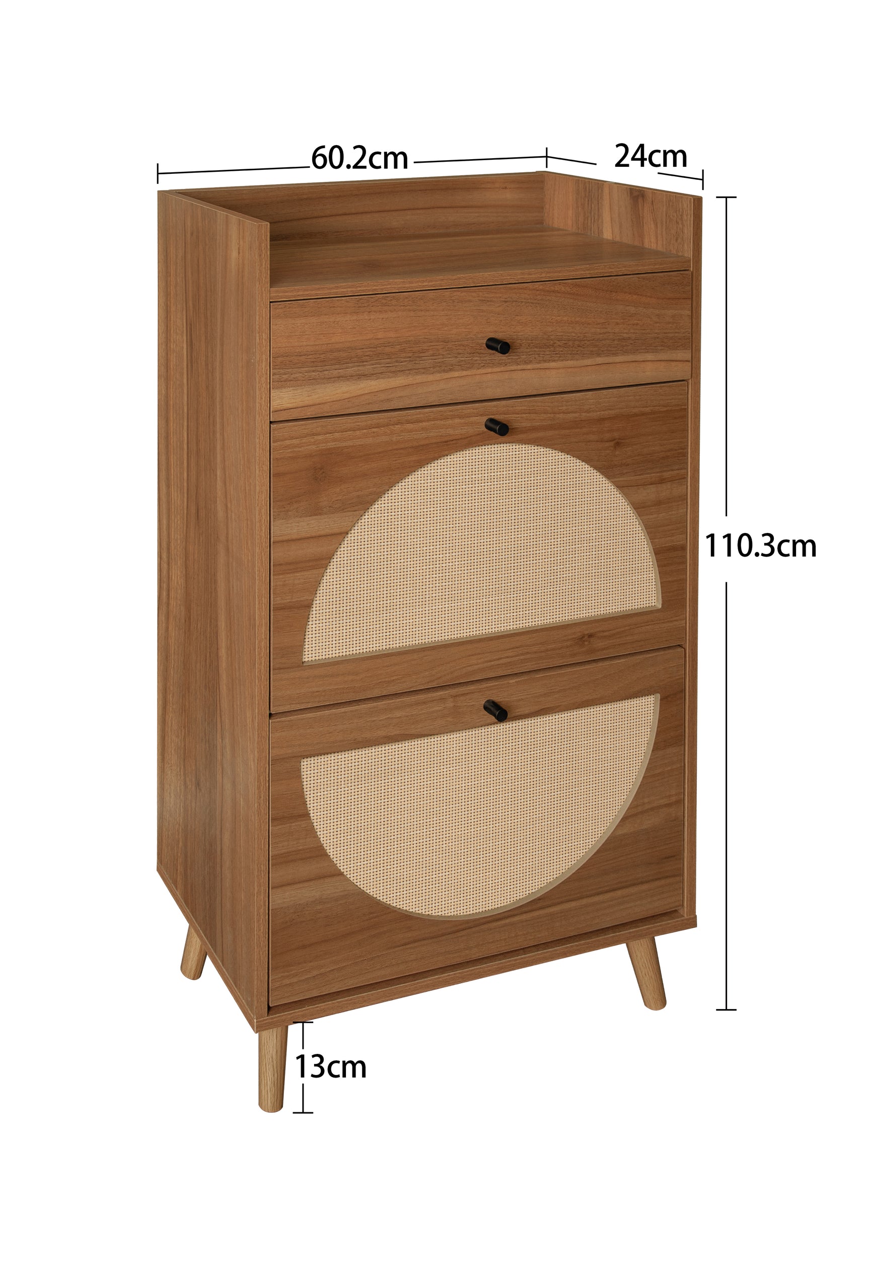 Meuble à chaussures en noyer 60x24x110 cm avec 2 portes en rotin, 1 tiroir et étagères réglables