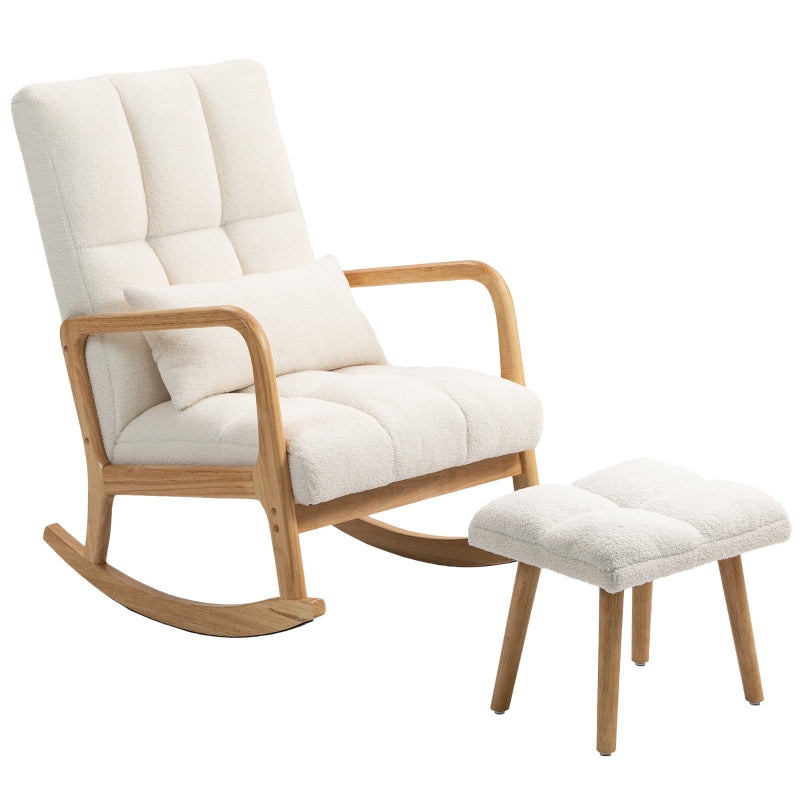 Fauteuil à bascule avec repose-pieds, revêtement polaire blanc, dossier haut et structure bois naturel