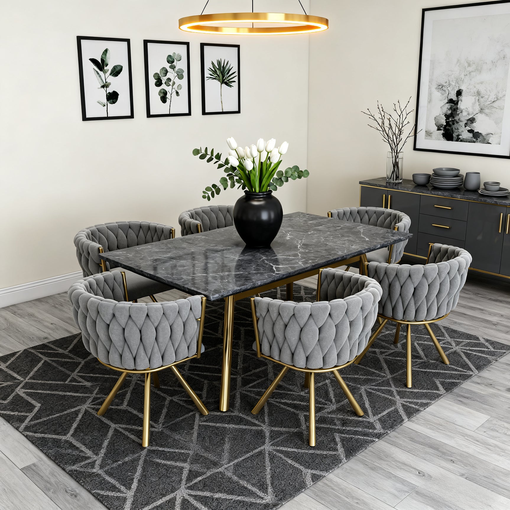 Lot de 6 chaises pivotantes de salle à manger en velours gris avec pieds en métal doré