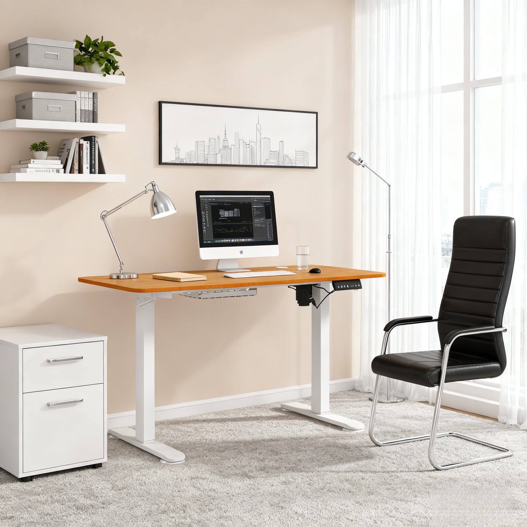 Table de bureau électrique réglable en hauteur 120x60x72-116 cm Stehtisch avec anti-collision, boîte à câbles et crochets, finition bois naturel