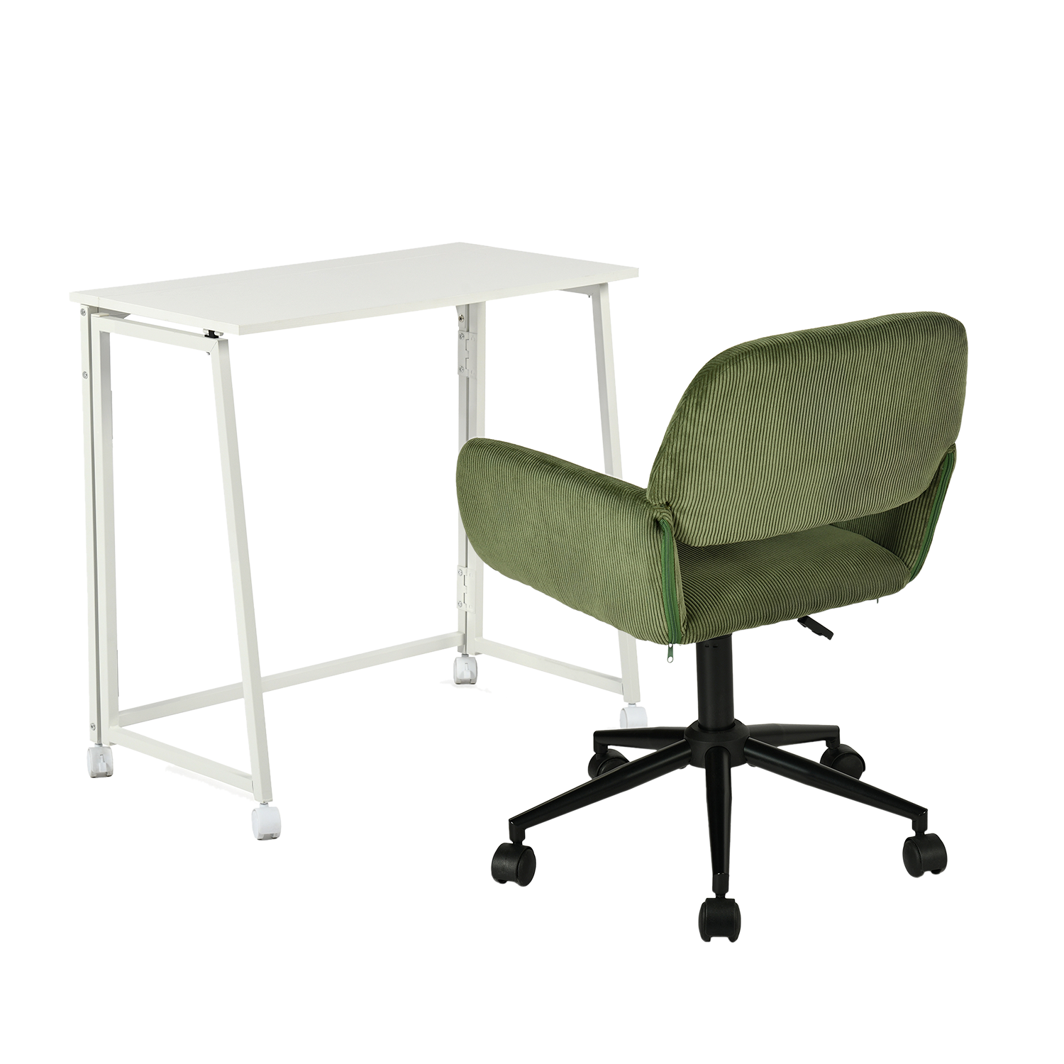 Set with White foldable desk on wheels and olive green velvet velvet chair - Ascoli & Ross