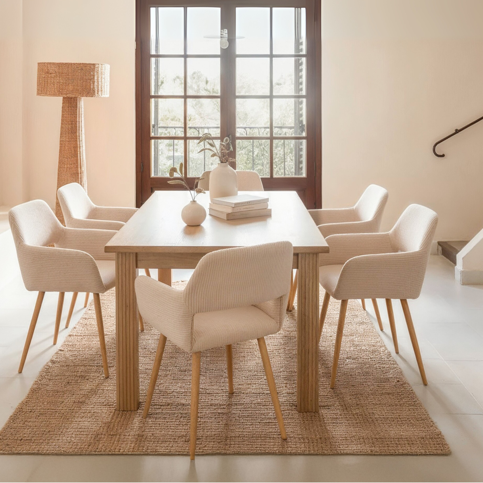 Table à manger rectangulaire en panneaux de particules finition chêne avec quatre pieds robustes