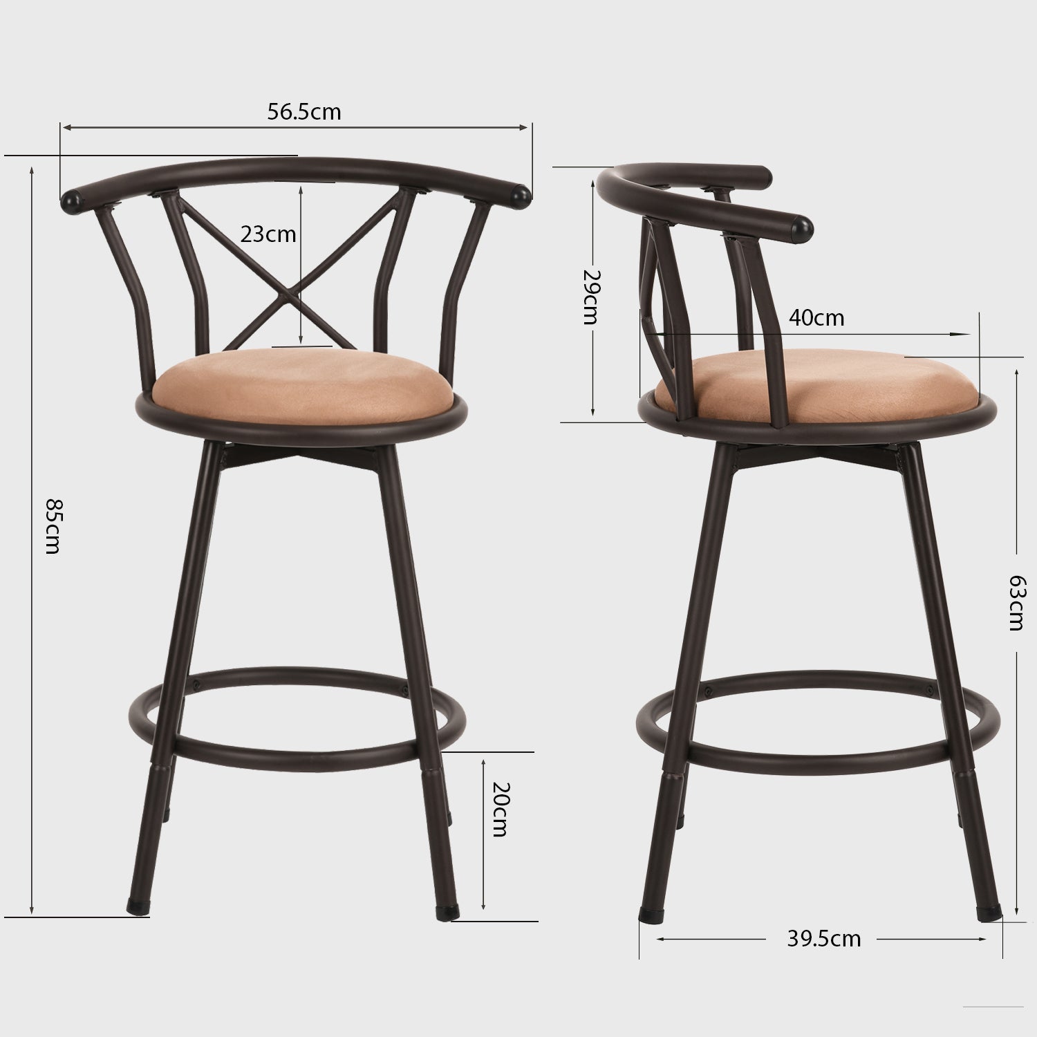 Lot de 4 tabourets de bar industriels pivotants avec dossier en tissu marron - HAILEY 24