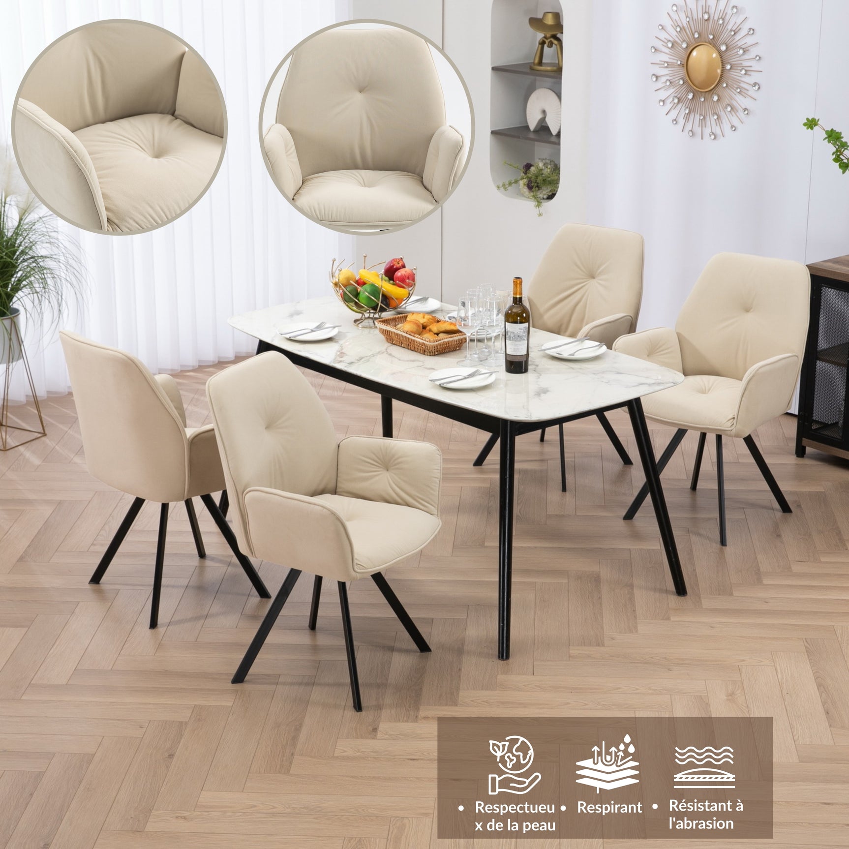 Lot de 2 chaises de salle à manger modernes pivotantes en tissu beige avec accoudoirs - CALF