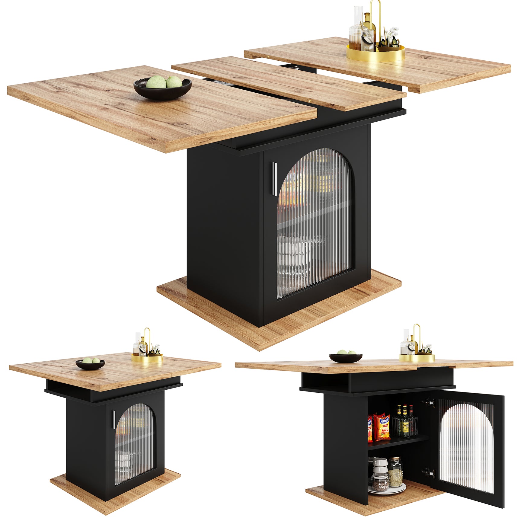 Table à manger télescopique extensible 140×80cm 3 niveaux de rangement bois naturel + noir pour cuisine et salon