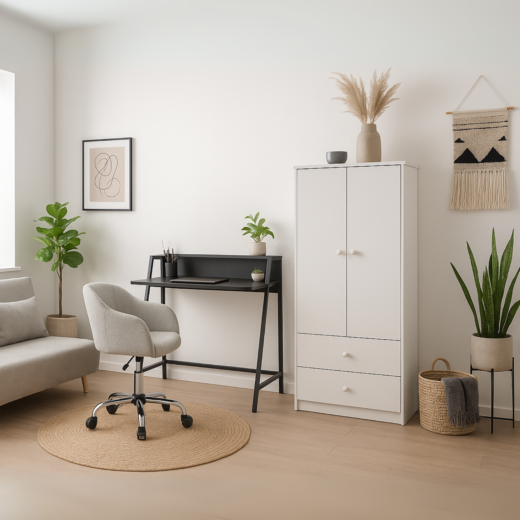 Armoire penderie blanche en panneaux de particules avec 2 portes, 2 tiroirs et tringle de rangement