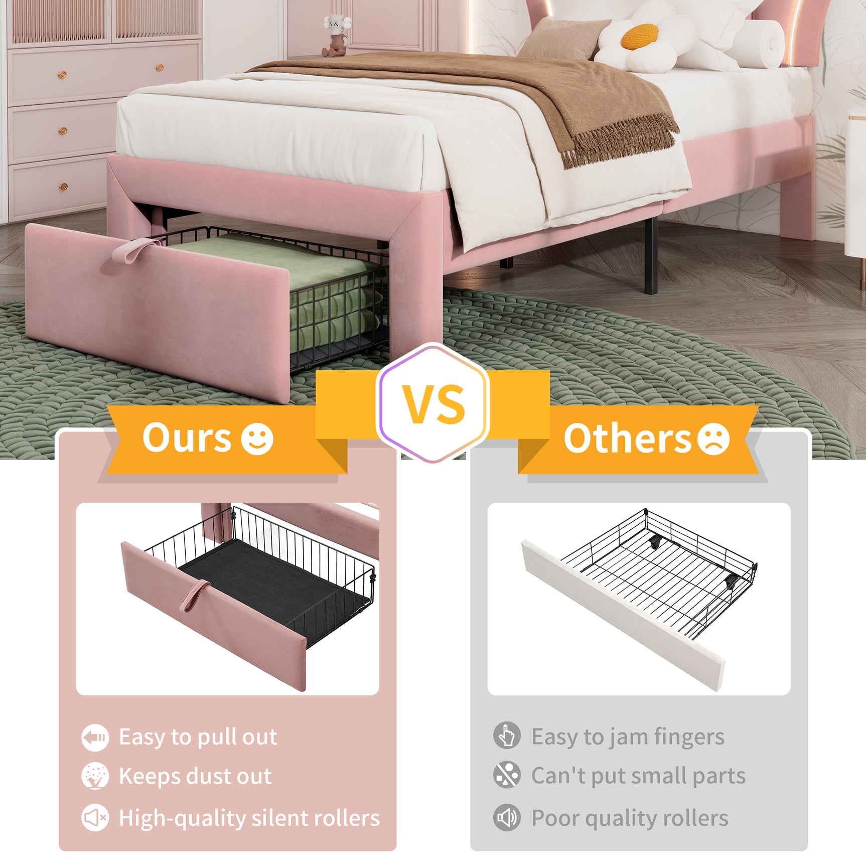 Verpacktes Kinderbett 90 × 190 cm mit LEDs und Schubladen, rosa Samt (ohne Matratzen)