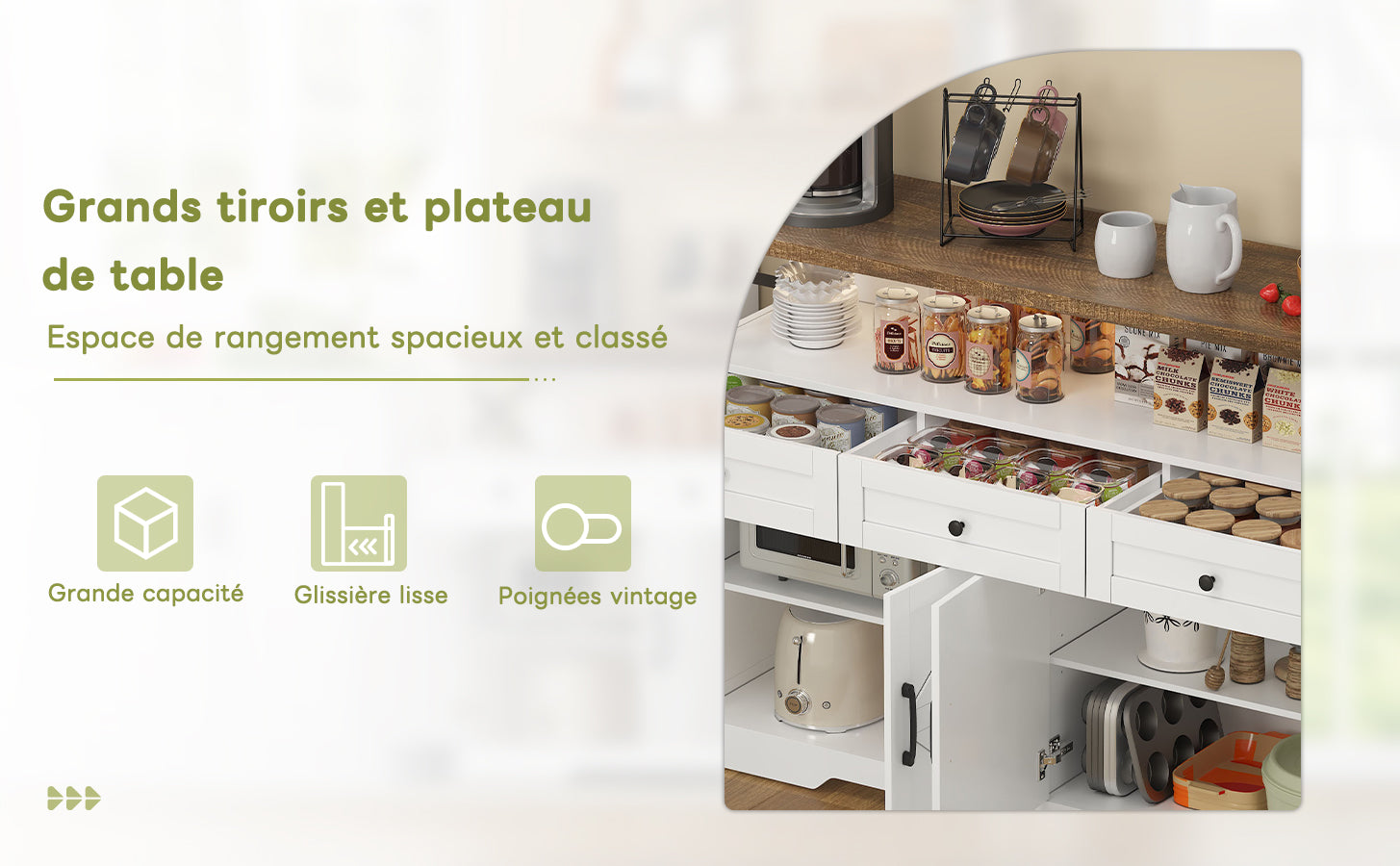 White and brown rustic buffet with 3 drawers and 2 doors