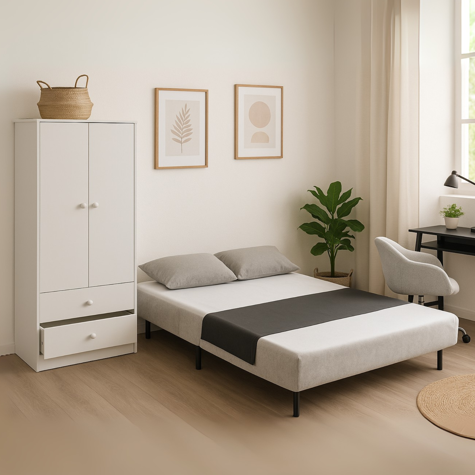 Armoire penderie blanche en panneaux de particules avec 2 portes, 2 tiroirs et tringle de rangement