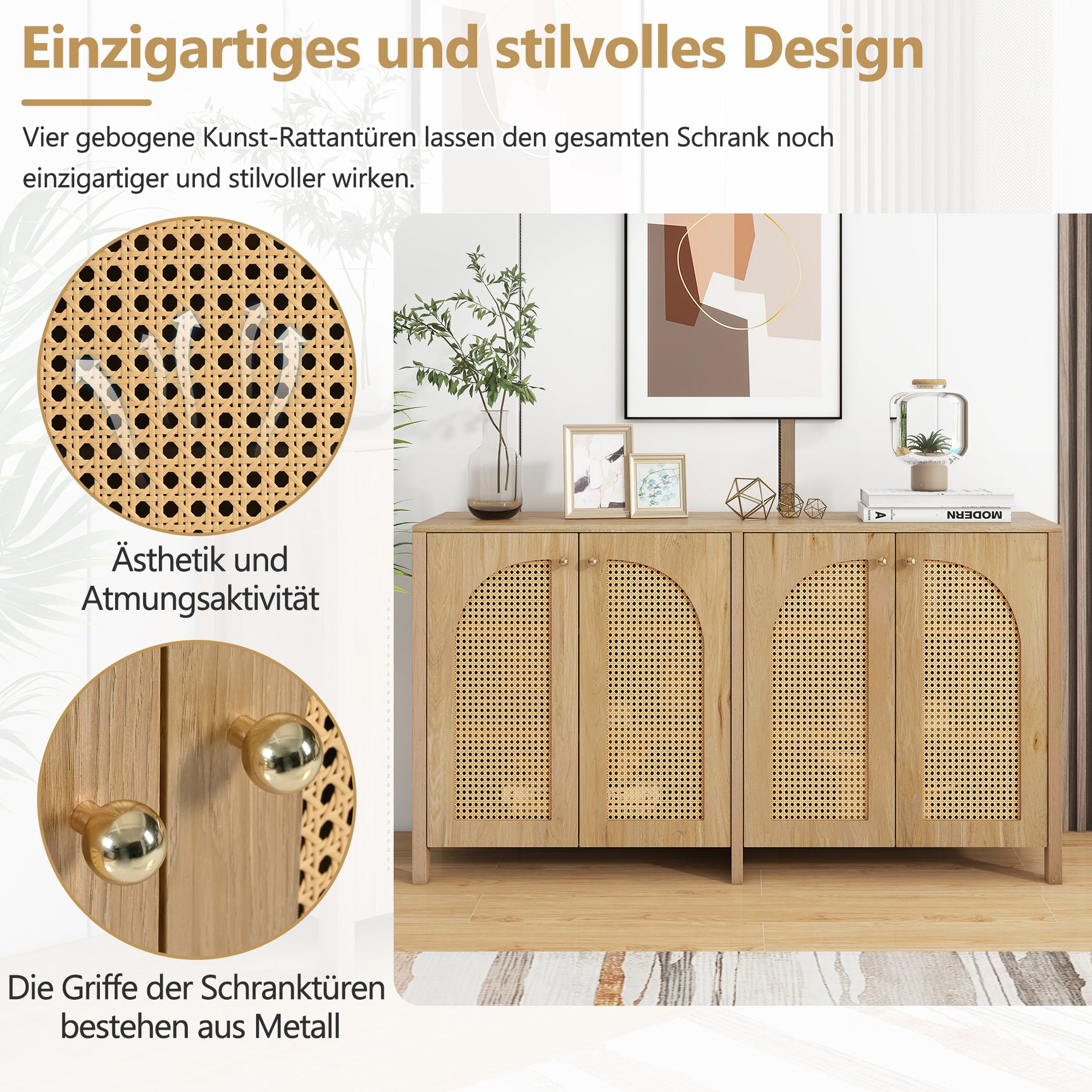 Modernes, minimalistisches Sideboard aus Naturholz mit 4 Rohrtüren und Metallgriffen