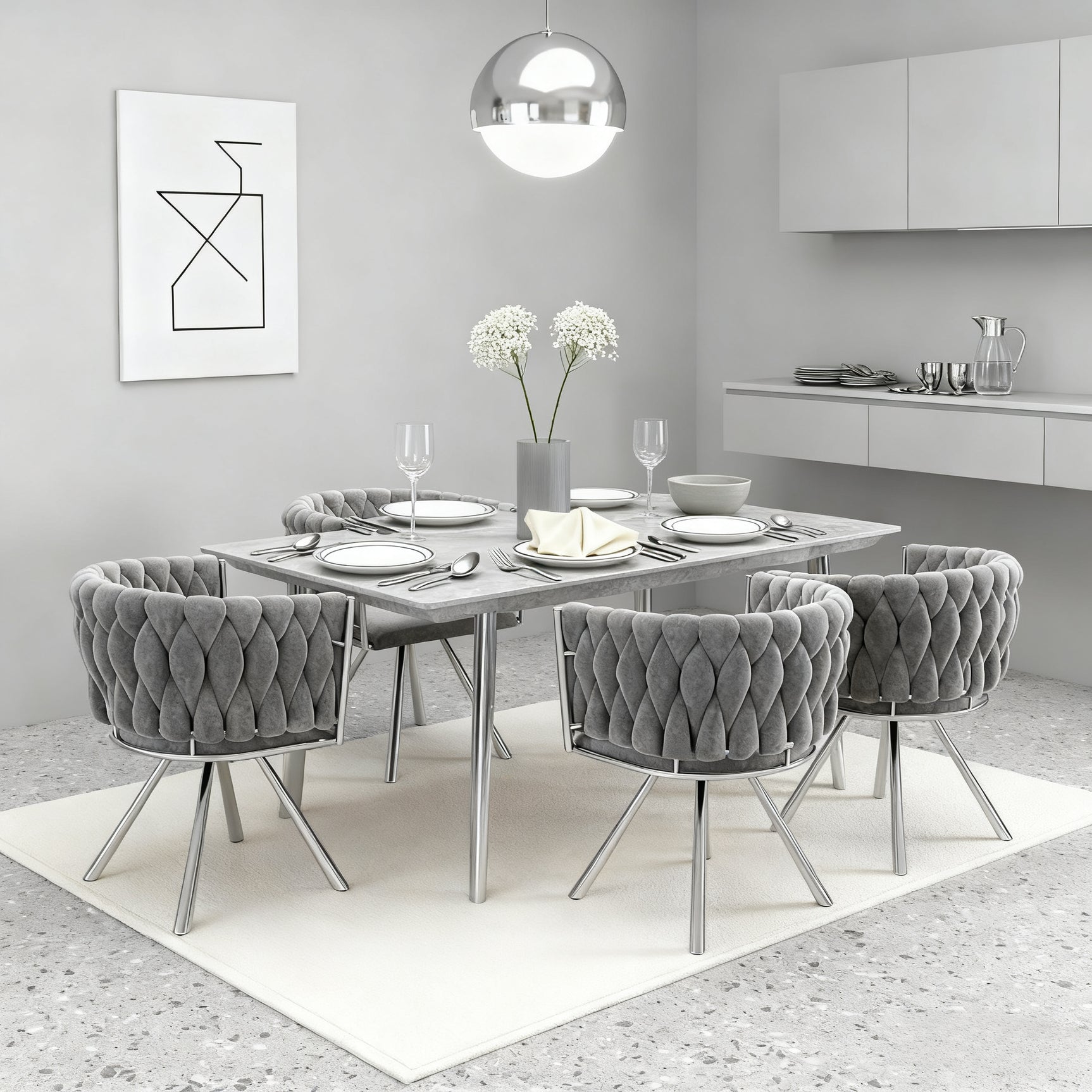 Lot de 4 chaises de salle à manger pivotantes en velours gris avec pieds en métal argenté