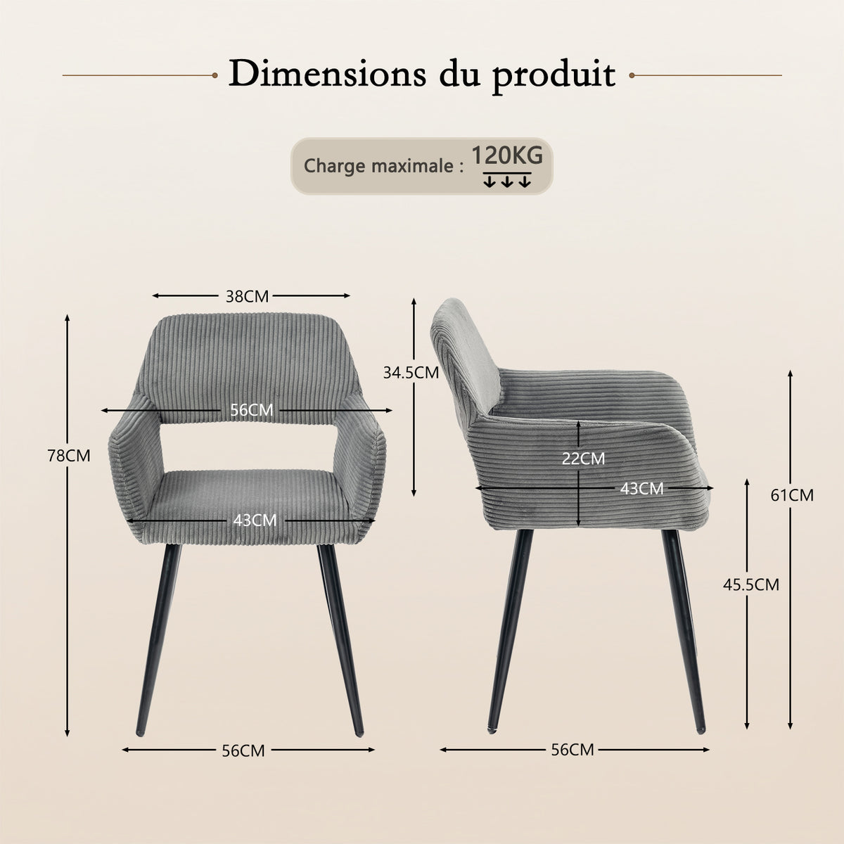 Lot de 2 fauteuils de salle à manger scandinaves avec accoudoirs en velours côtelé gris - CROMWELL CORDUROY
