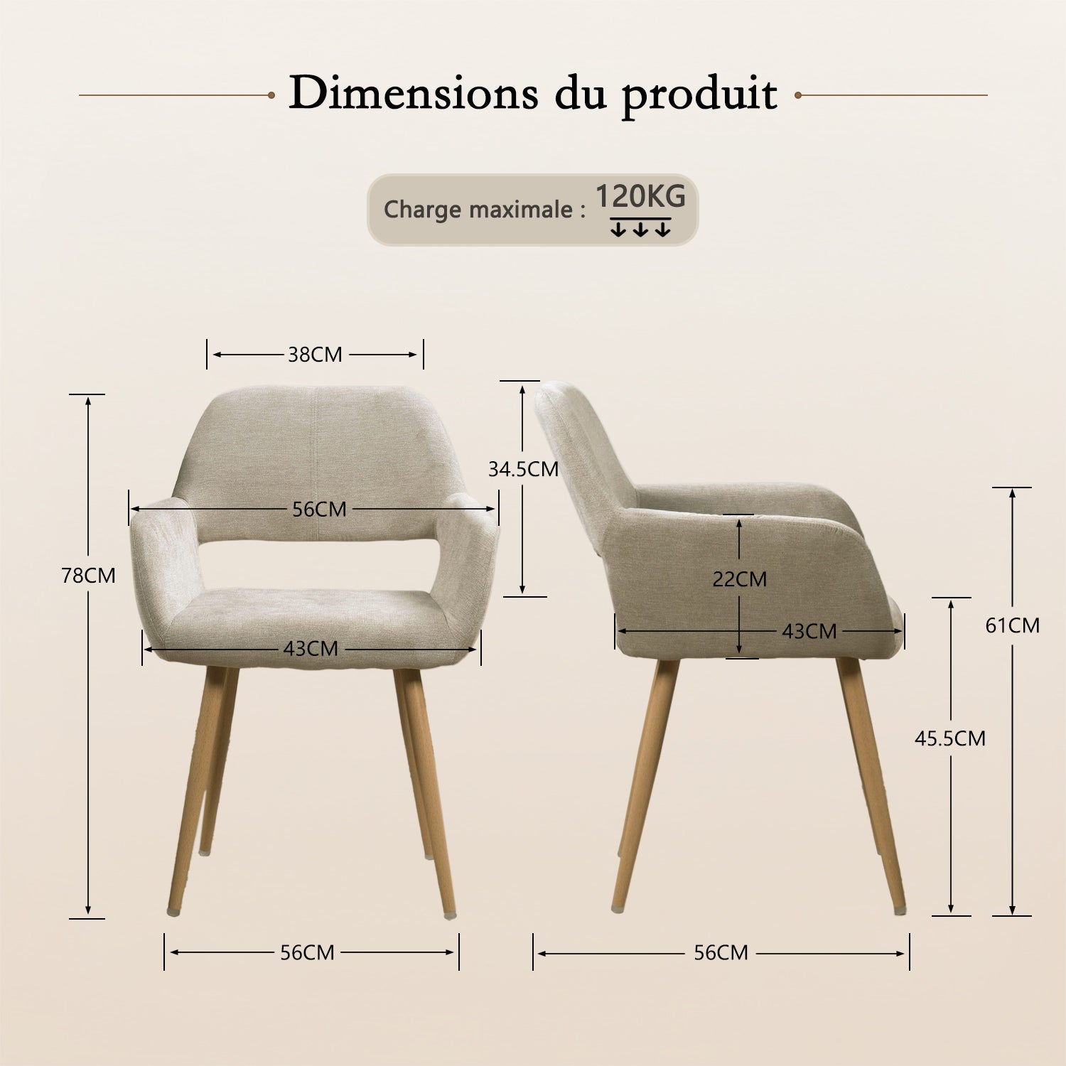 Lot de 2 fauteuils de salle à manger scandinaves avec accoudoirs en tissu beige - CROMWELL