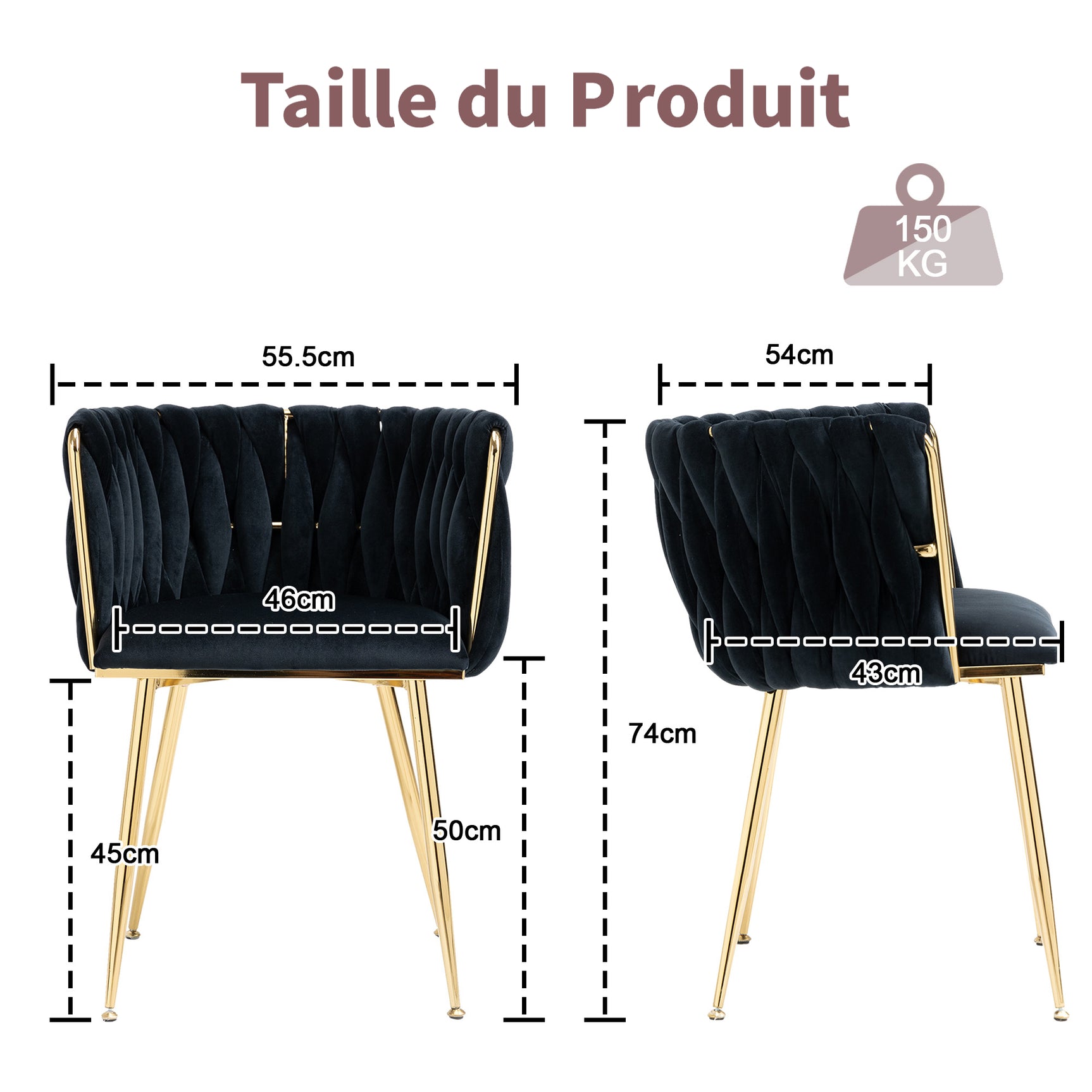Lot de 2 Chaises en Velours Luxueuses Chaises à Dos Tressé avec Pieds Métal Doré pour Salon Chambre à Coucher Salle à Manger, Noir