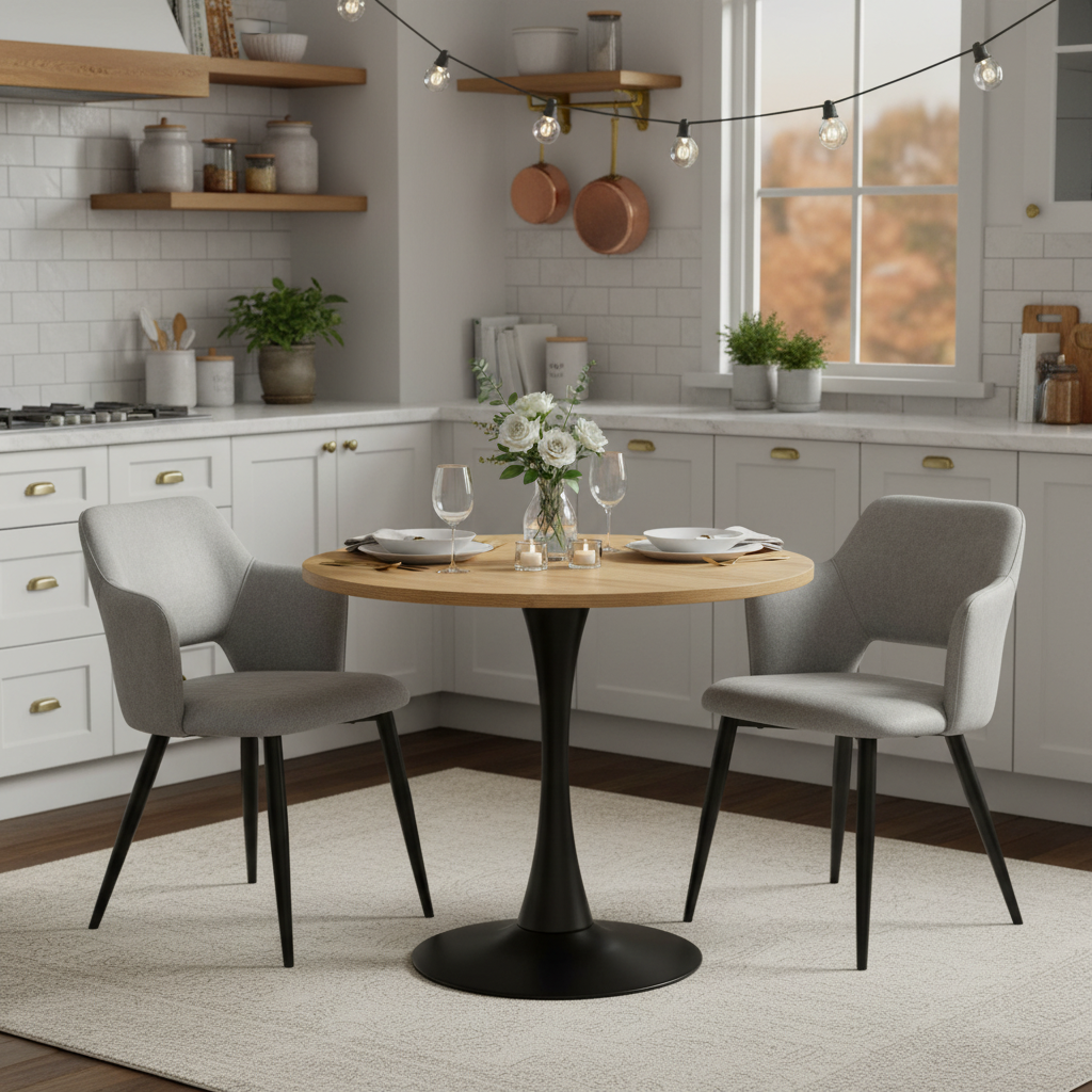 Round Table Table Table Table Timber Ø80 cm with 4 black velvet chairs, modern and comfortable style