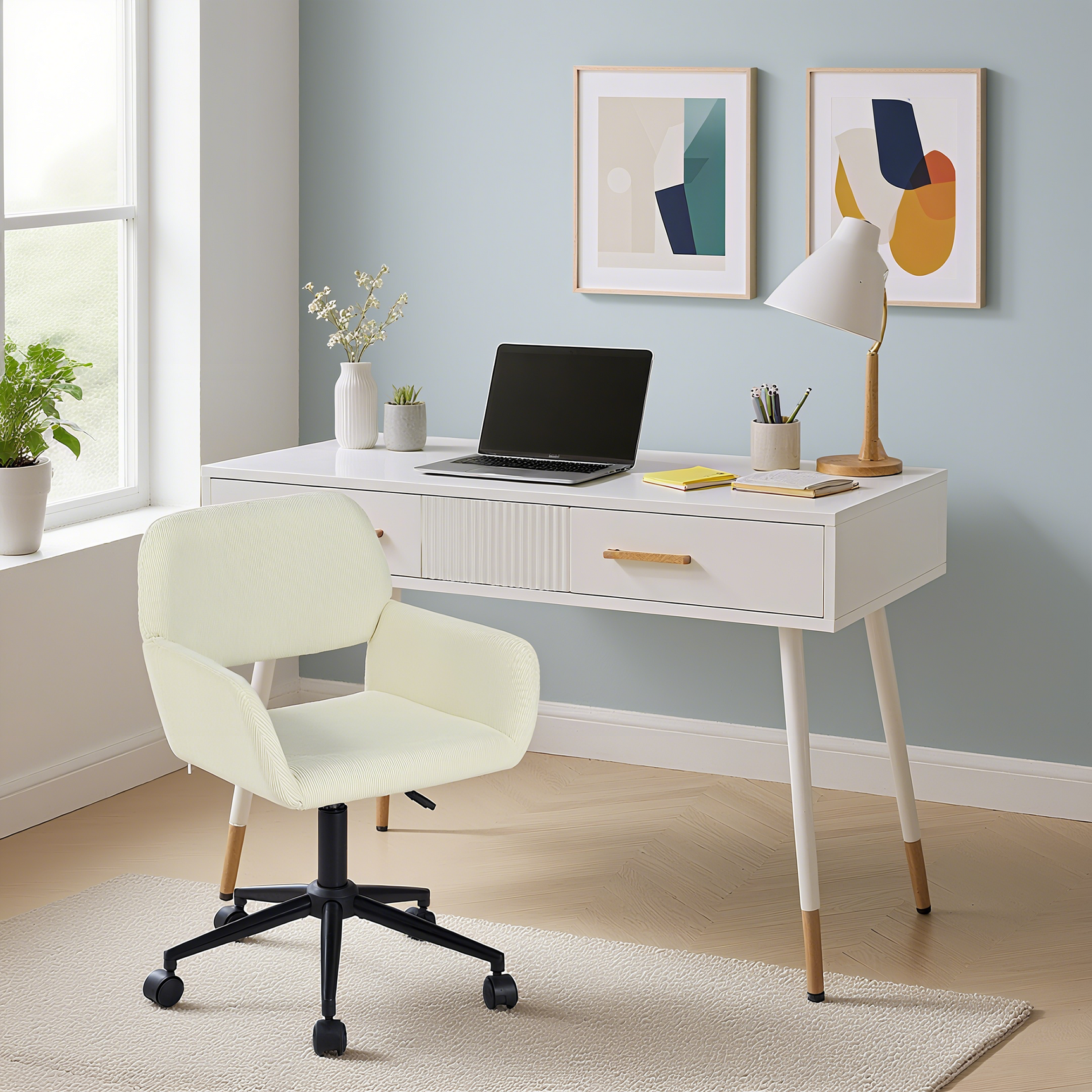 Coiffeuse ou bureau blanc au design moderne avec 2 tiroirs spacieux et pieds en métal doré, 100x40x76 cm.