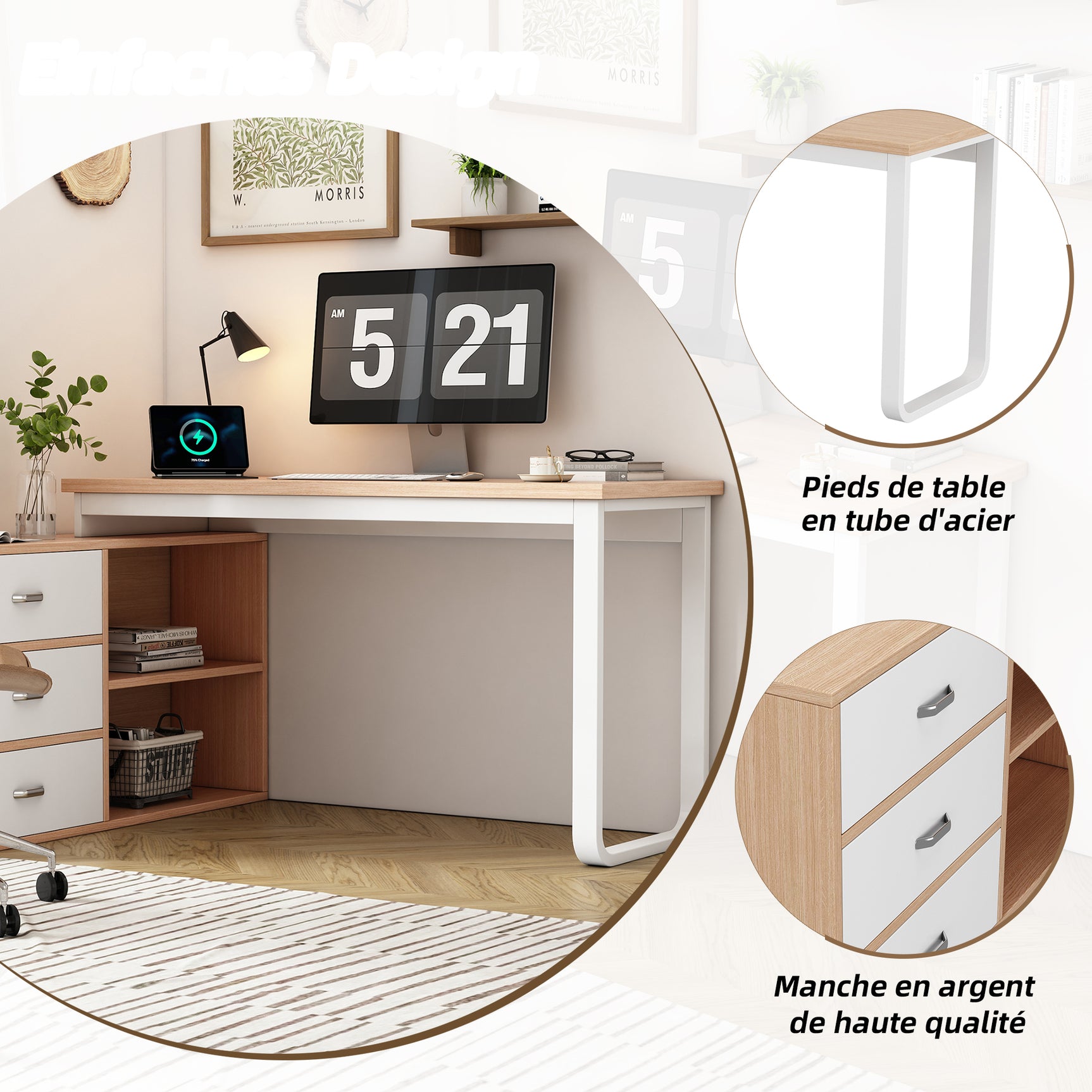Bureau simple en bois naturel avec 3 tiroirs et 2 niches ouvertes – 147×100×75,3 cm