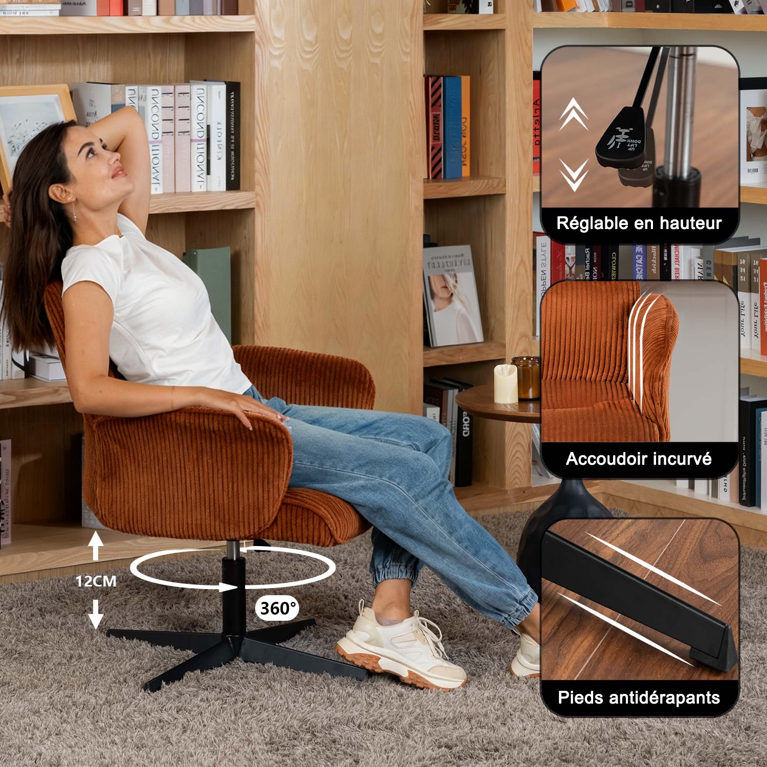 Fauteuil de bureau ergonomique pivotant et réglable avec accoudoirs en velours côtelé rouge - THOMASINA