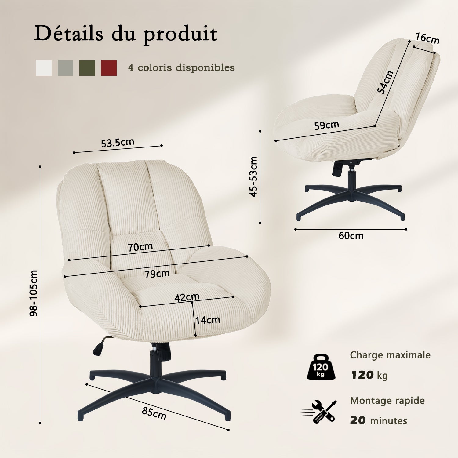 Einstellbare ergonomische Büro -Sessel mit Stoff Armlehnen weiße Schleife - Thomasina